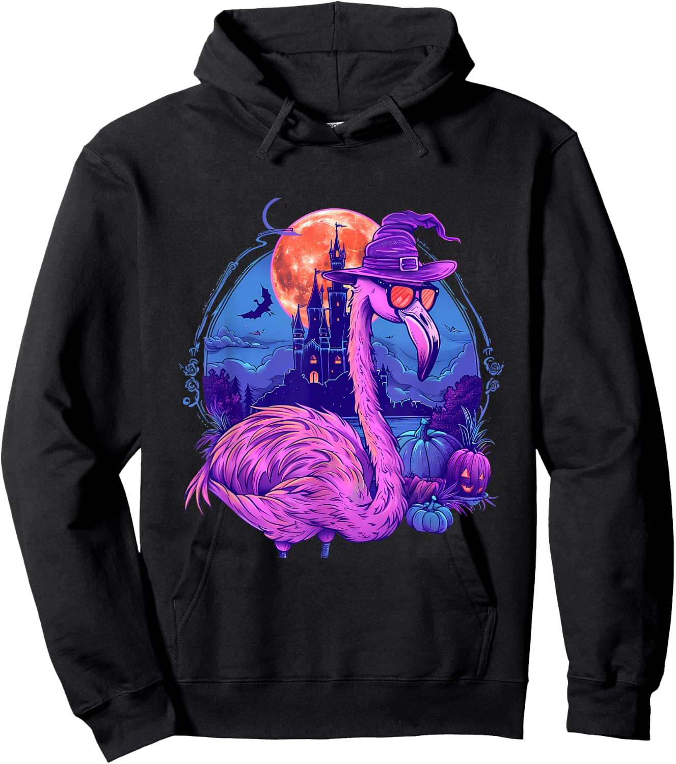 Halloween Flamingo Pumpkin Trick Or Treat Haunted Castle Hoodie - Hoodie | Black