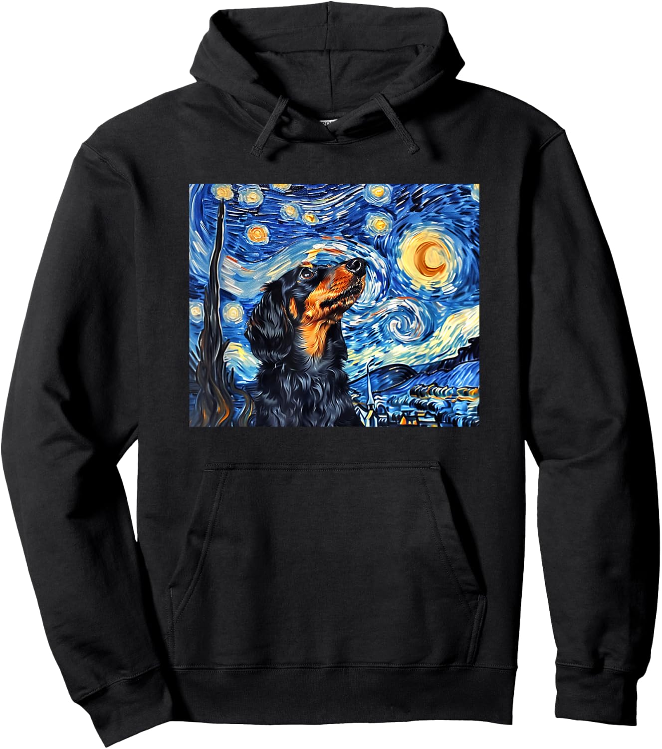 Funny Starry Night Black Long Haired Dachshund Lover Hoodie - Hoodie | Black