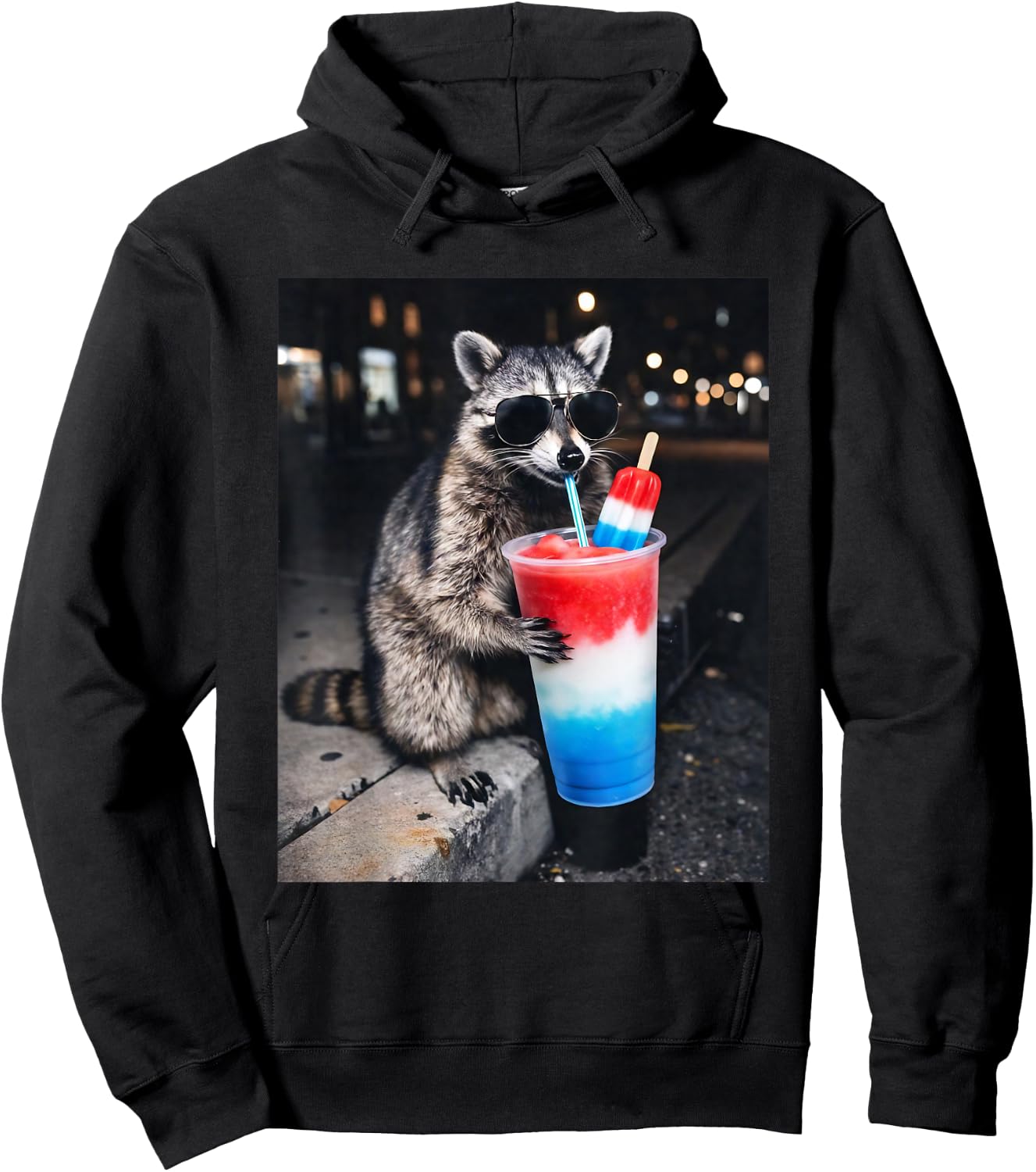 4th of July Raccoon Drinking Patriotic Slushie Popsicle Meme Hoodie - Hoodie | Black