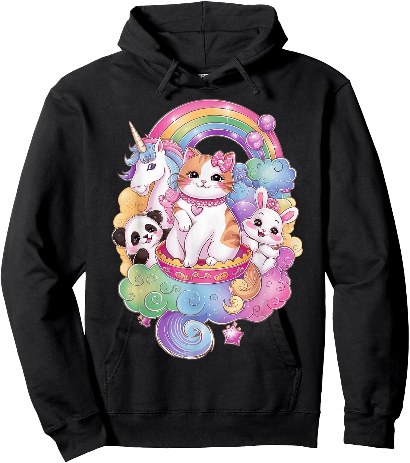 Cute Kawaii Cat Unicorn Panda Bunny Rainbow Anime Teen Kids Hoodie - Hoodie | Black