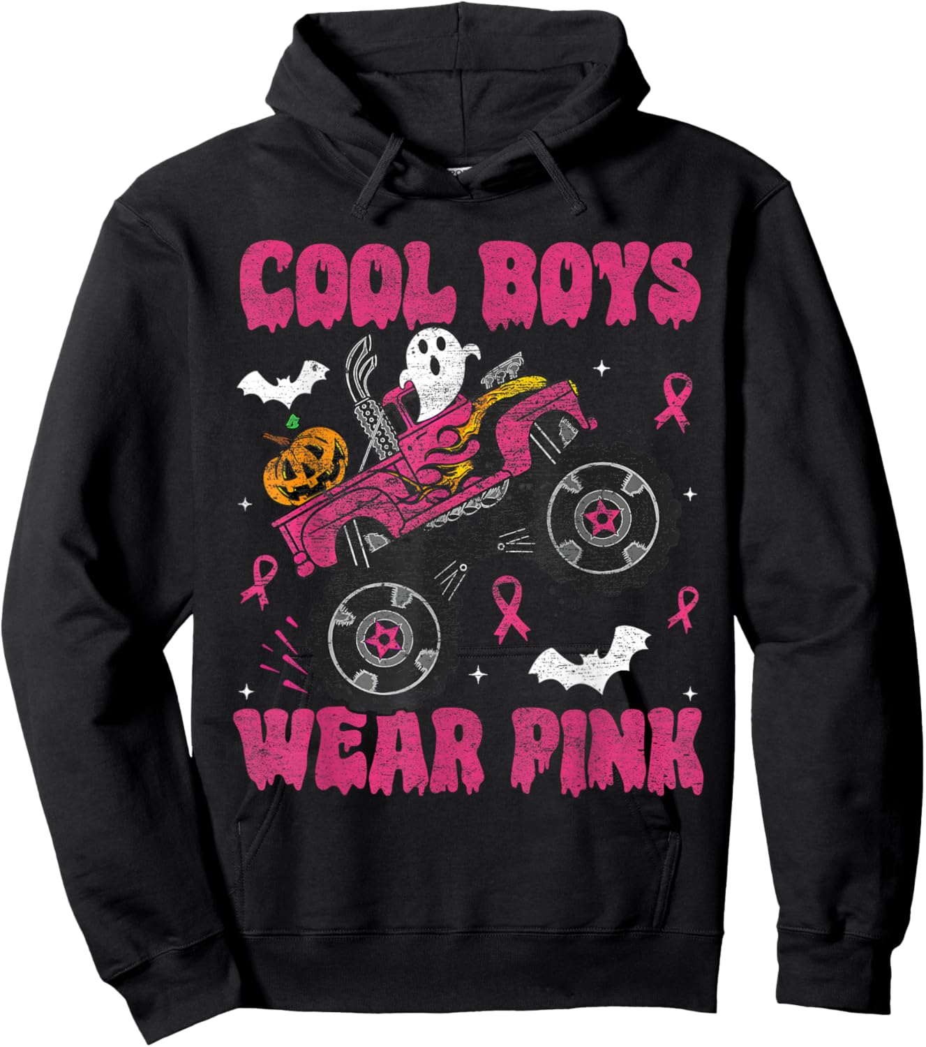 Cool Boys Wear Pink Monster Truck Halloween Breast Cancer Hoodie - Hoodie | Black