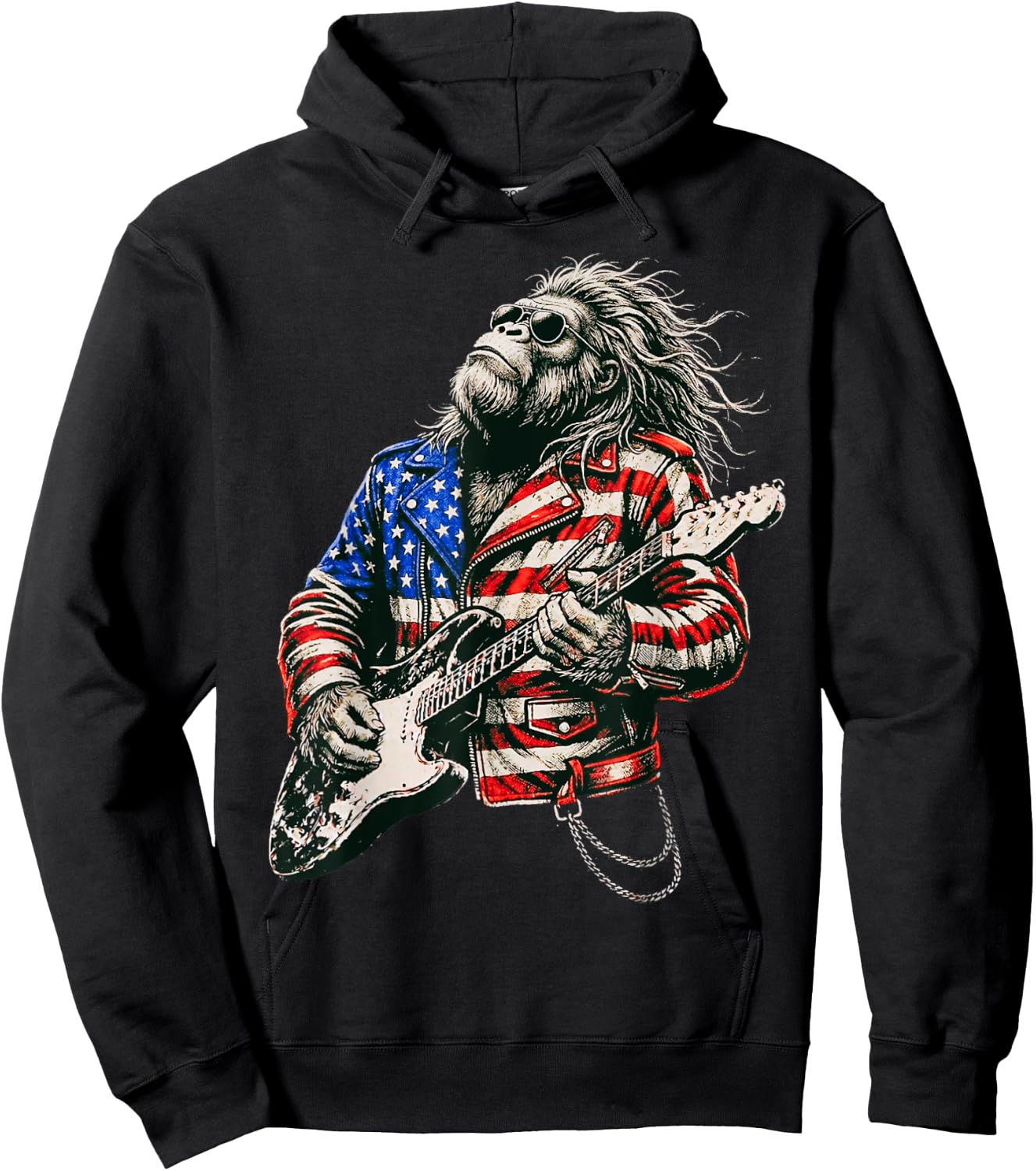 Vintage Guitar Playing Patriotic American Sasquatch Hoodie - Hoodie | Black