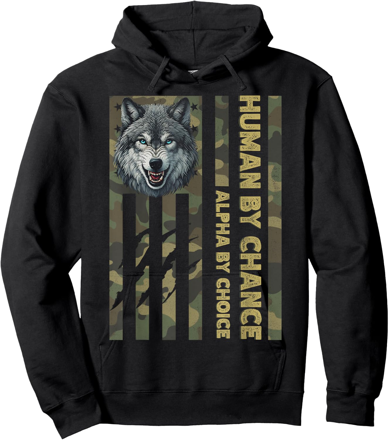 Funny Alpha Wolf Meme Human By Chance Camo American Flag USA Hoodie - Hoodie | Black