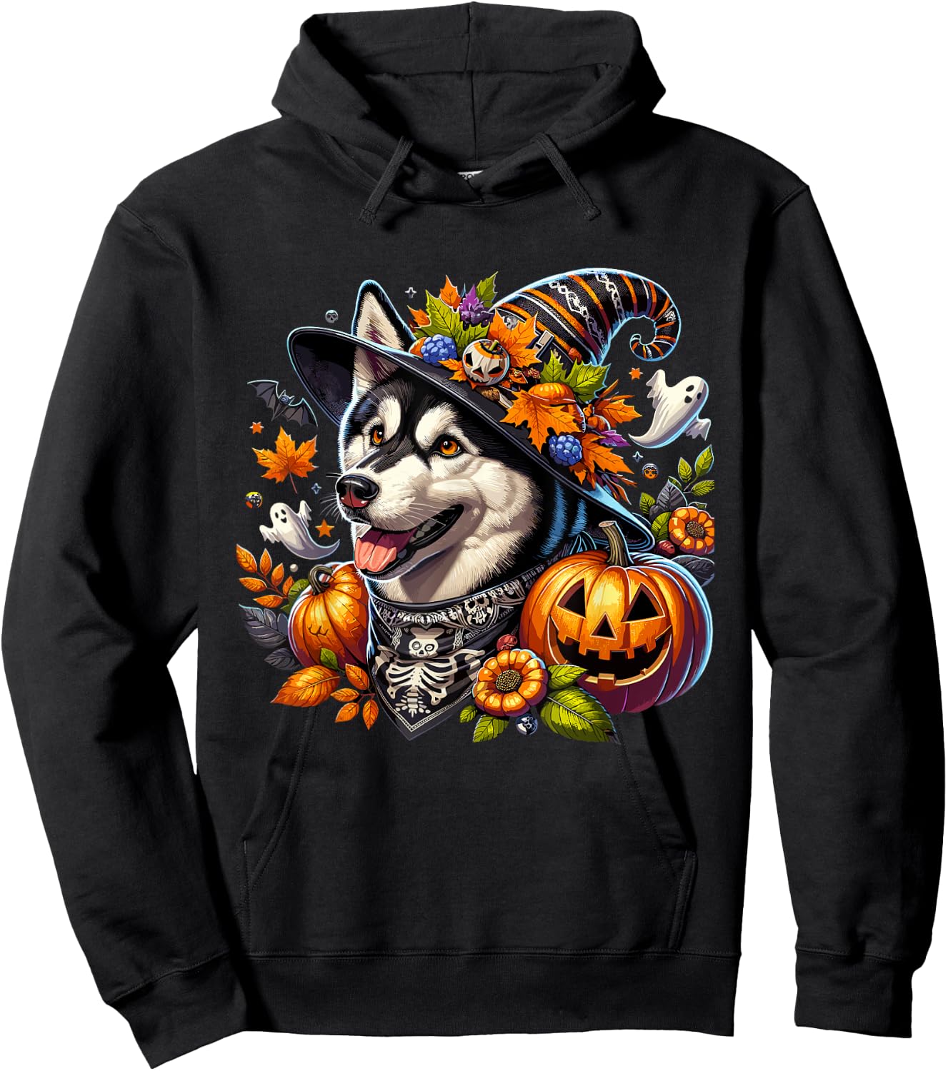 Halloween Siberian Husky Fall Leaves Autumn Pumpkin Ghost Hoodie - Hoodie | Black