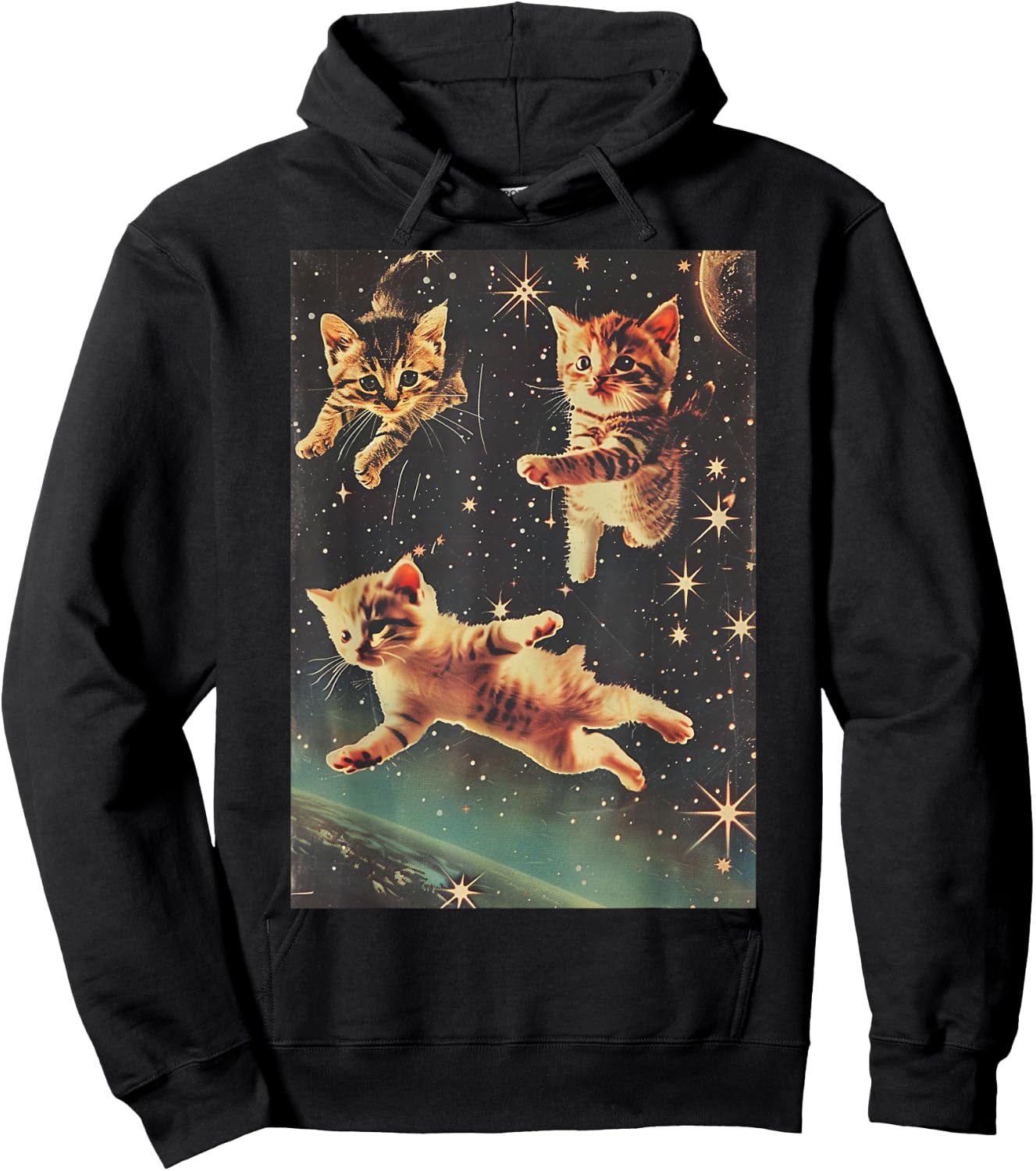 Funny Cat Kittens in Space Cute Retro Art Vintage Hoodie - Hoodie | Black