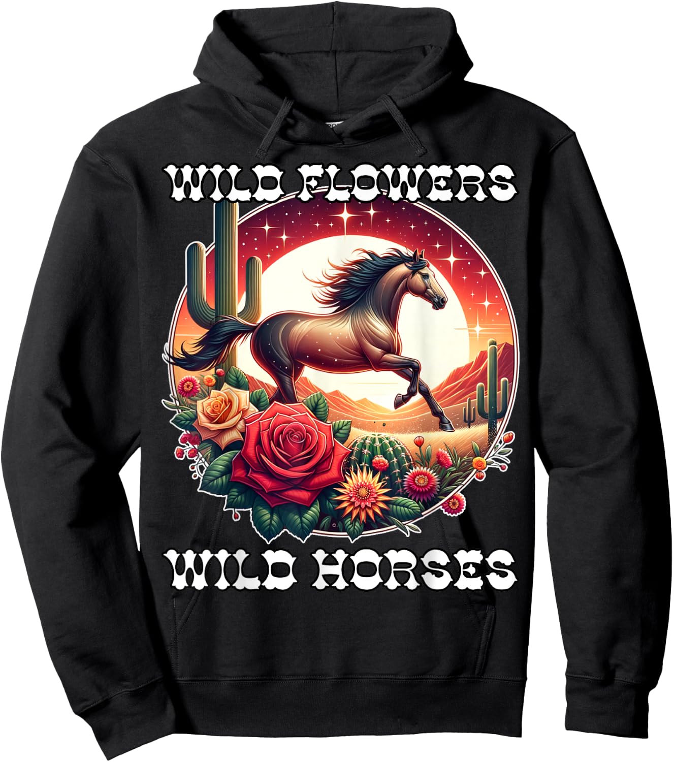 Wild Flowers and Wild Horses Vintage Sunset Country Cowgirl Hoodie - Hoodie | Black