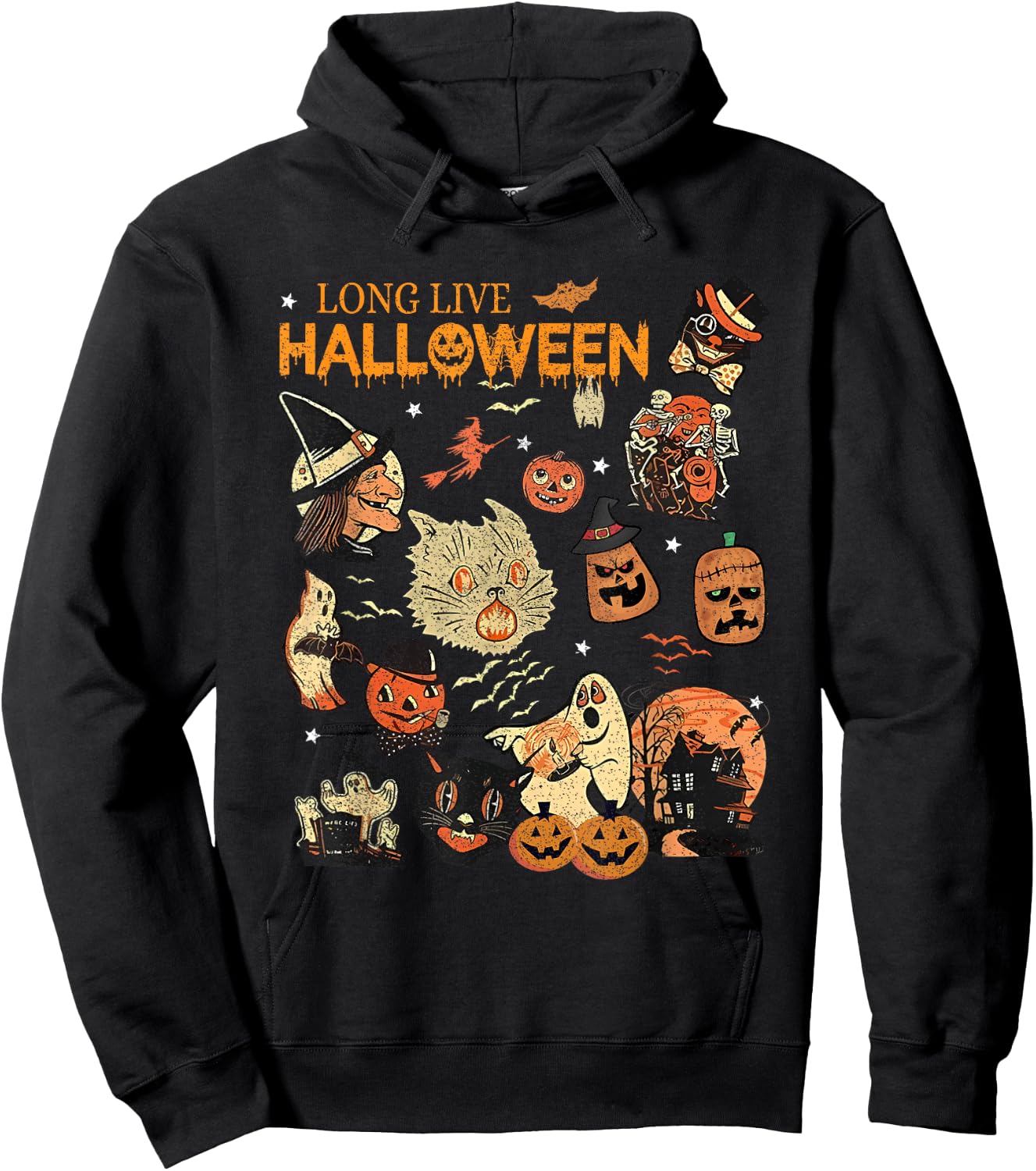 Long Live Halloween Vintage Pumpkin Witch Ghost Black Cat Men Women Kids Hoodie - Hoodie | Black