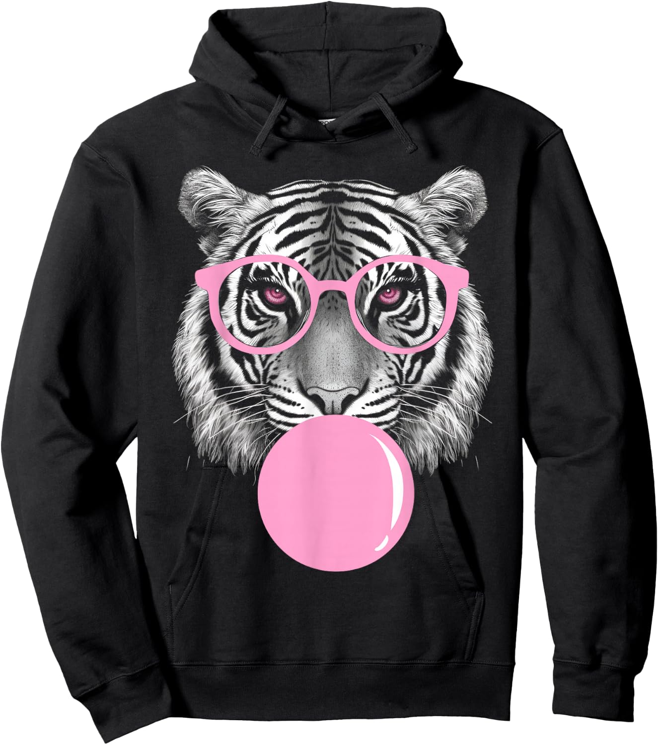 Funny Tiger Wearing Glasses and Blowing Pink Bubble Gum Hoodie - Hoodie | Black