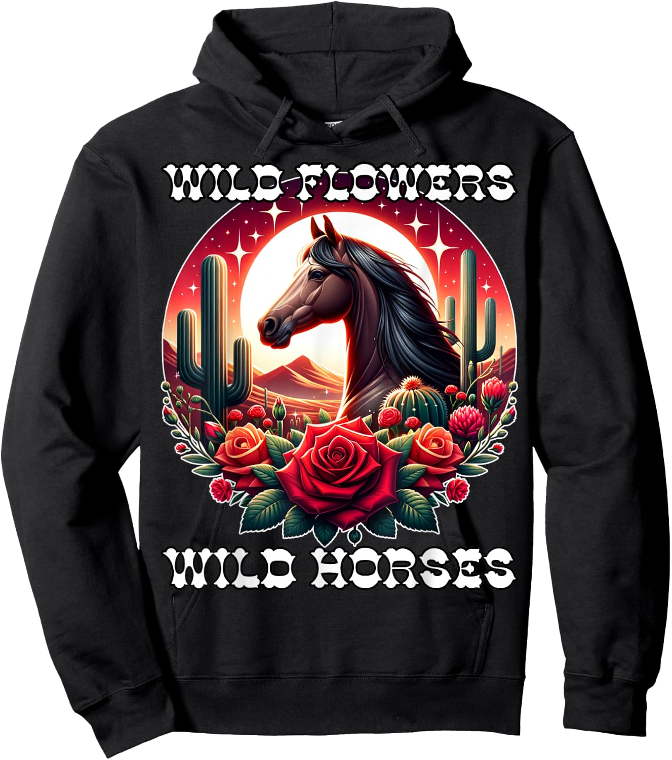 Wild Flowers and Wild Horses Vintage Sunset Country Cowgirl Hoodie - Hoodie | Black