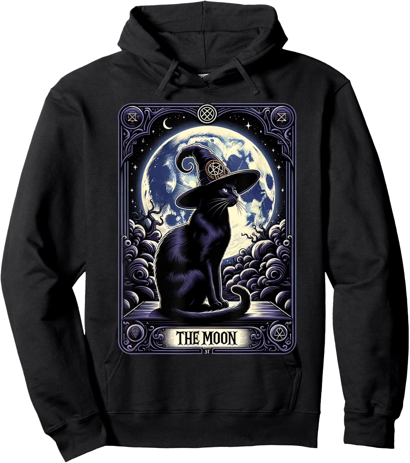 Vintage Tarot Card Style Crescent Moon & Witch Hat Black Cat Men Women Hoodie - Hoodie | Black