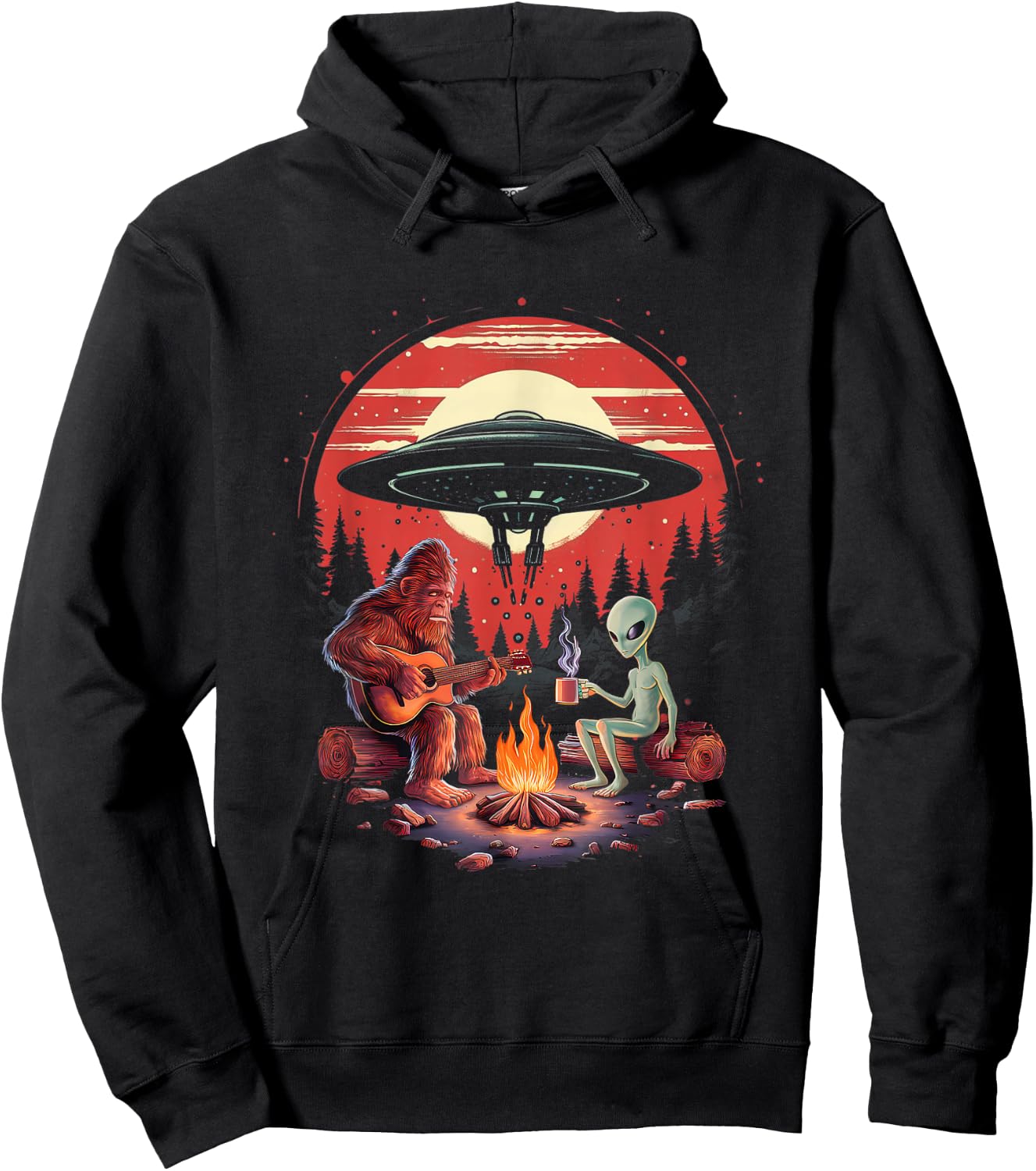 Alien And Bigfoot Campfire Sasquatch UFO For Outdoor Lovers Hoodie - Hoodie | Black