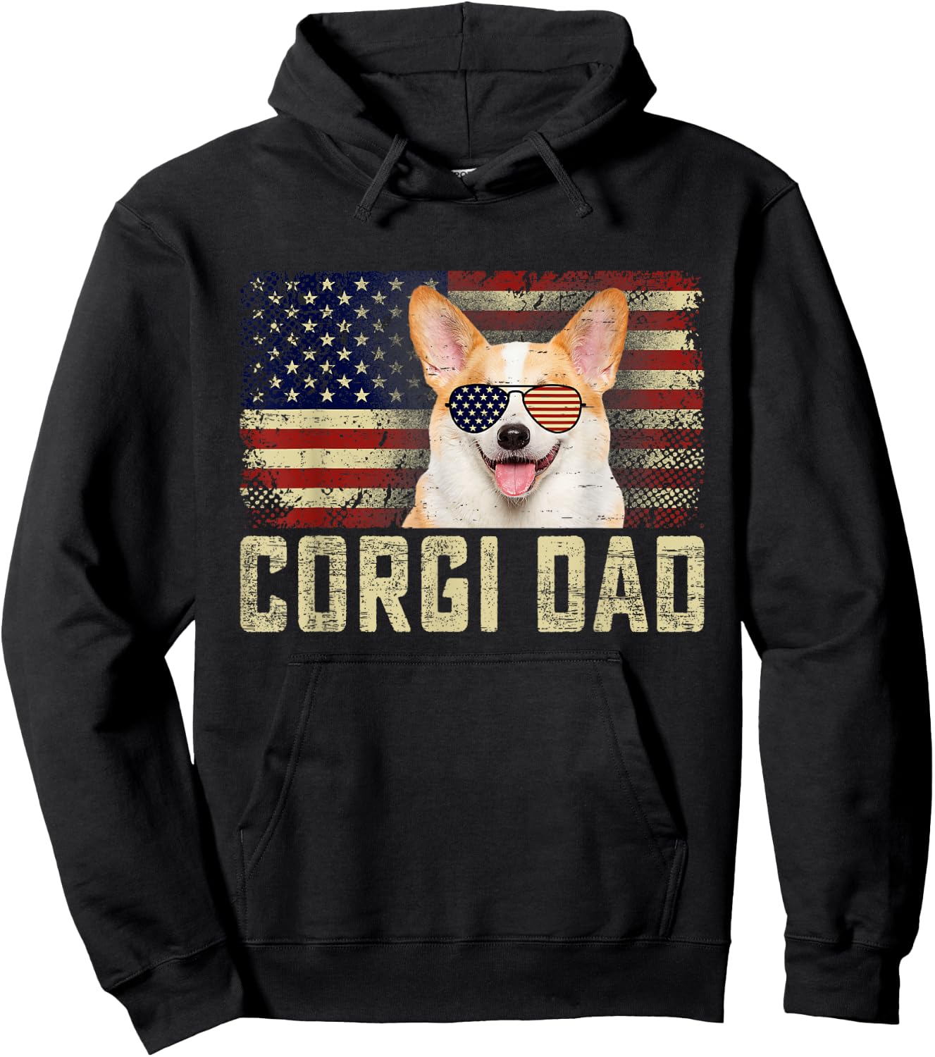 Classic Retro USA Flag Corgi Dad Fathers Day Hoodie - Hoodie | Black