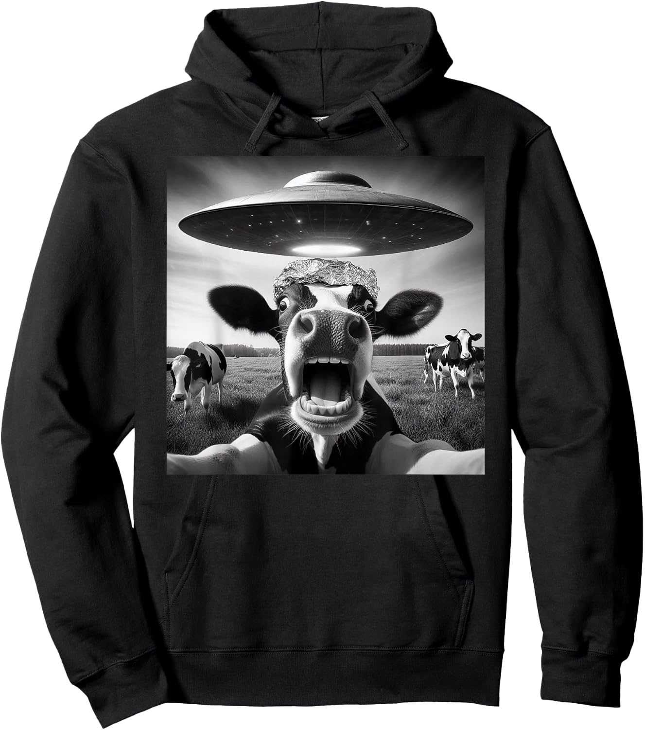Funny Cow Abduction by UFO Selfie - Hilarious Alien Meme Hoodie - Hoodie | Black