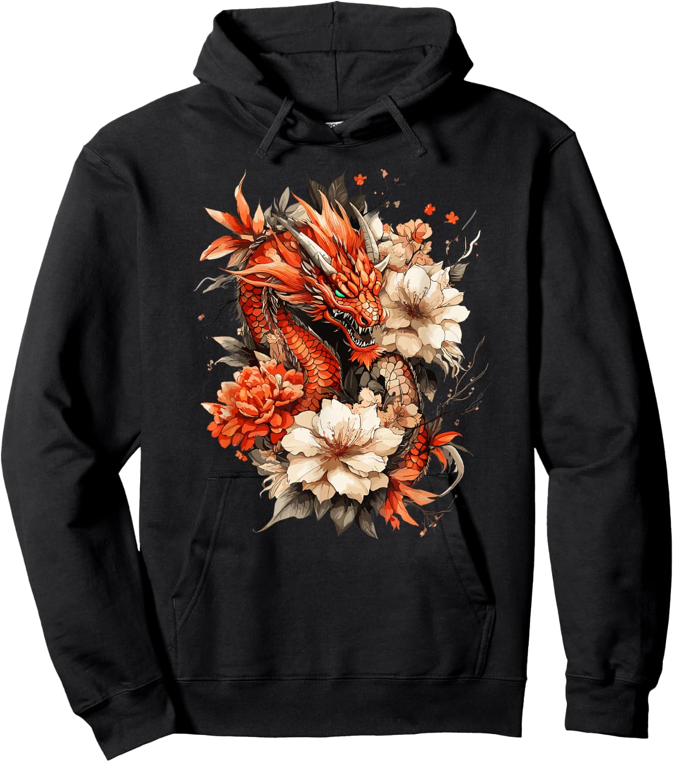 Crimson Serpent and Peony Bloom Asian Myth Motif Hoodie - Hoodie | Black