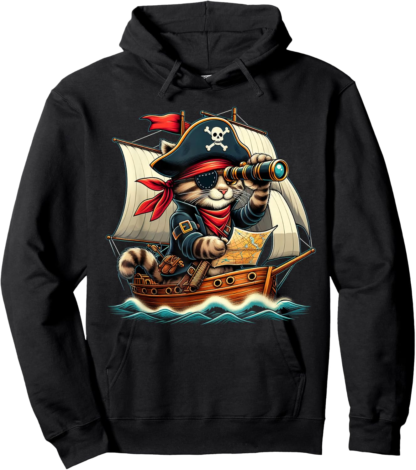 Funny Pirate Cat Adventure Halloween Cat Lover Men Women Hoodie - Hoodie | Black