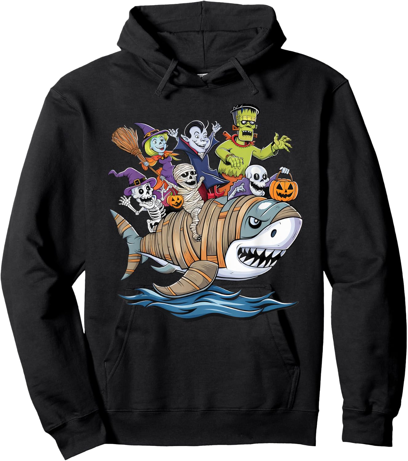 Skeleton Zombie Riding Mummy Shark Funny Halloween Pumpkin Hoodie - Hoodie | Black