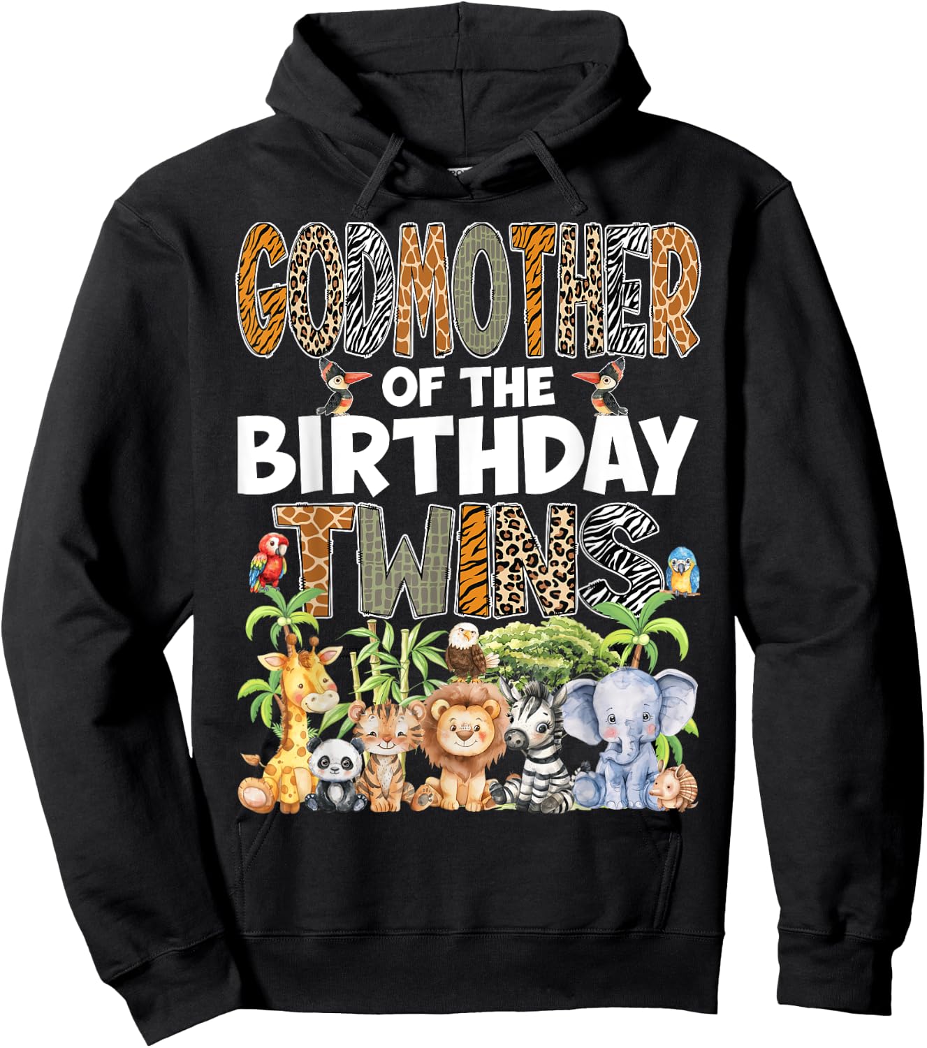 GodMother Of The Birthday Twins Safari Wild Zoo Animals Hoodie - Hoodie | Black