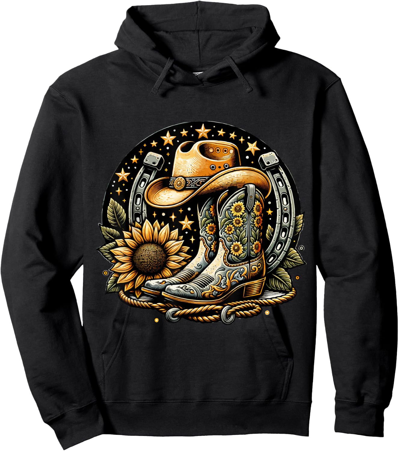 Vintage Cowboy Boot Horseshoe SunflowerRetro western Cowgirl Hoodie - Hoodie | Black