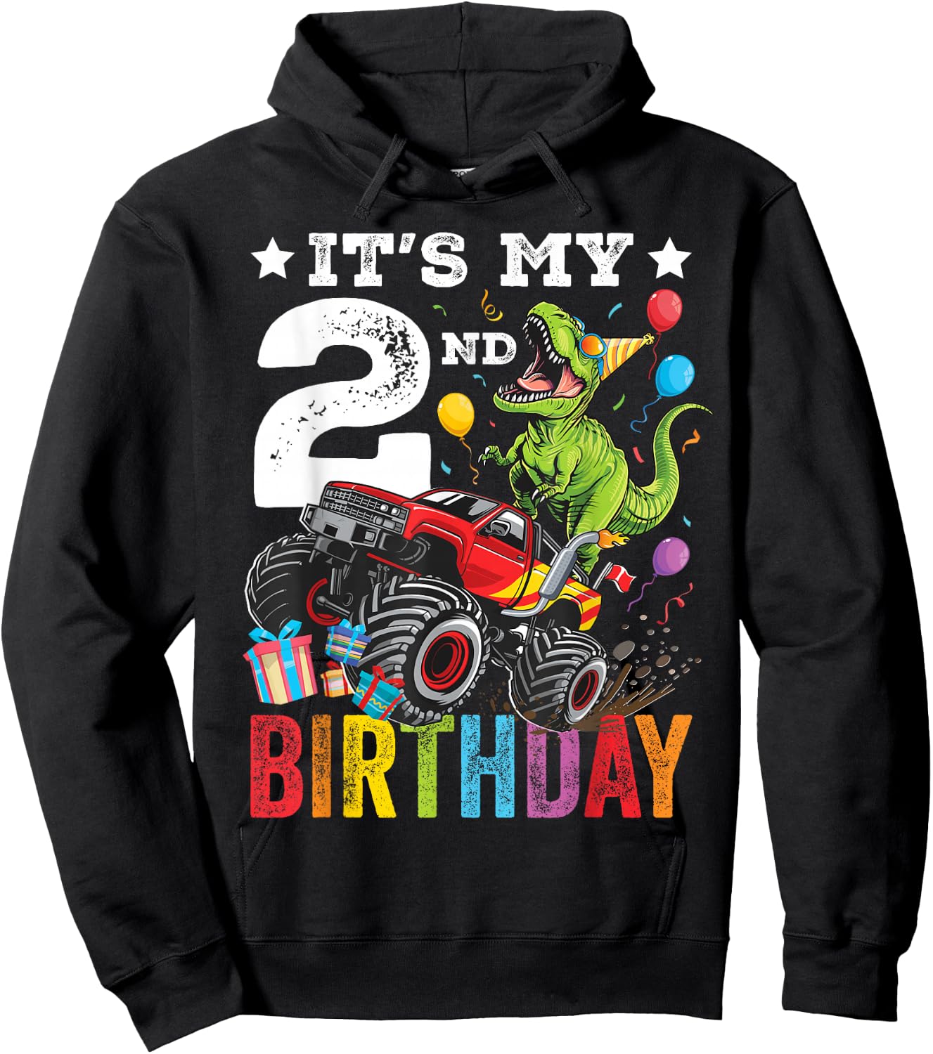 Two 2nd Birthday Dinosaur Monster Truck Hoodie - Hoodie | Black
