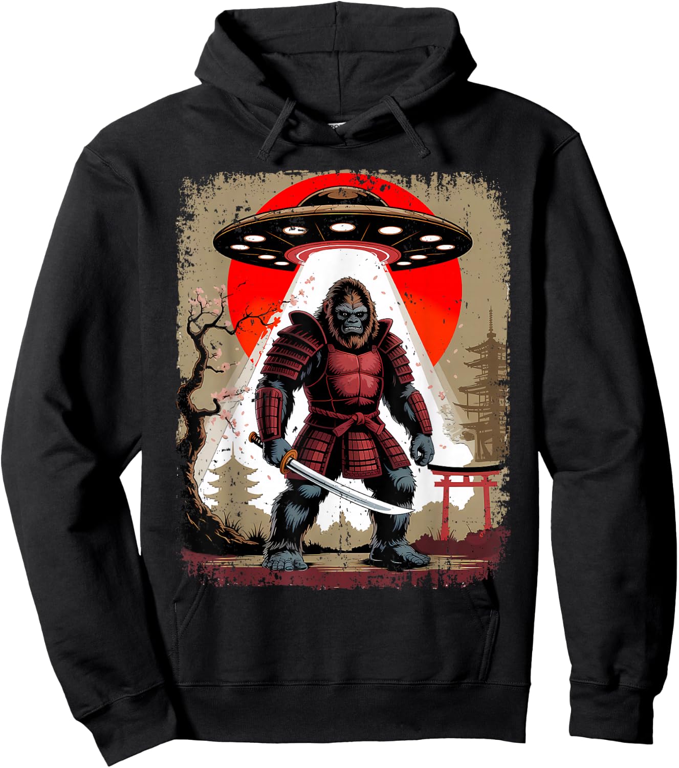Japanese Samurai Bigfoot UFO Katana Vintage Graphic Hoodie - Hoodie | Black
