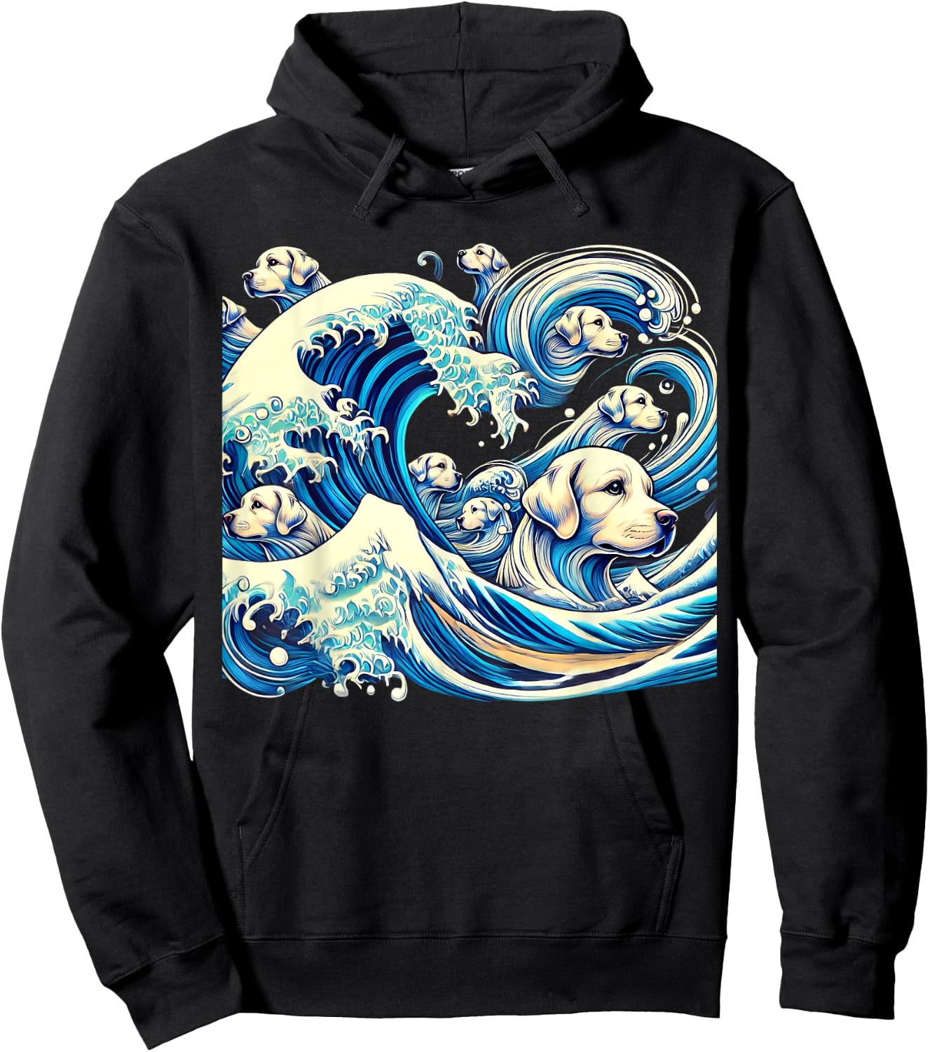 White Labrador Retriever Blue Dogs Wave Lab Puppy Japan Art Hoodie - Hoodie | Black