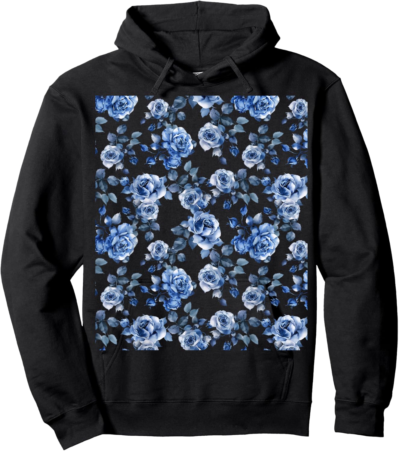 Blue and White Rose Flower Design Hoodie - Hoodie | Black