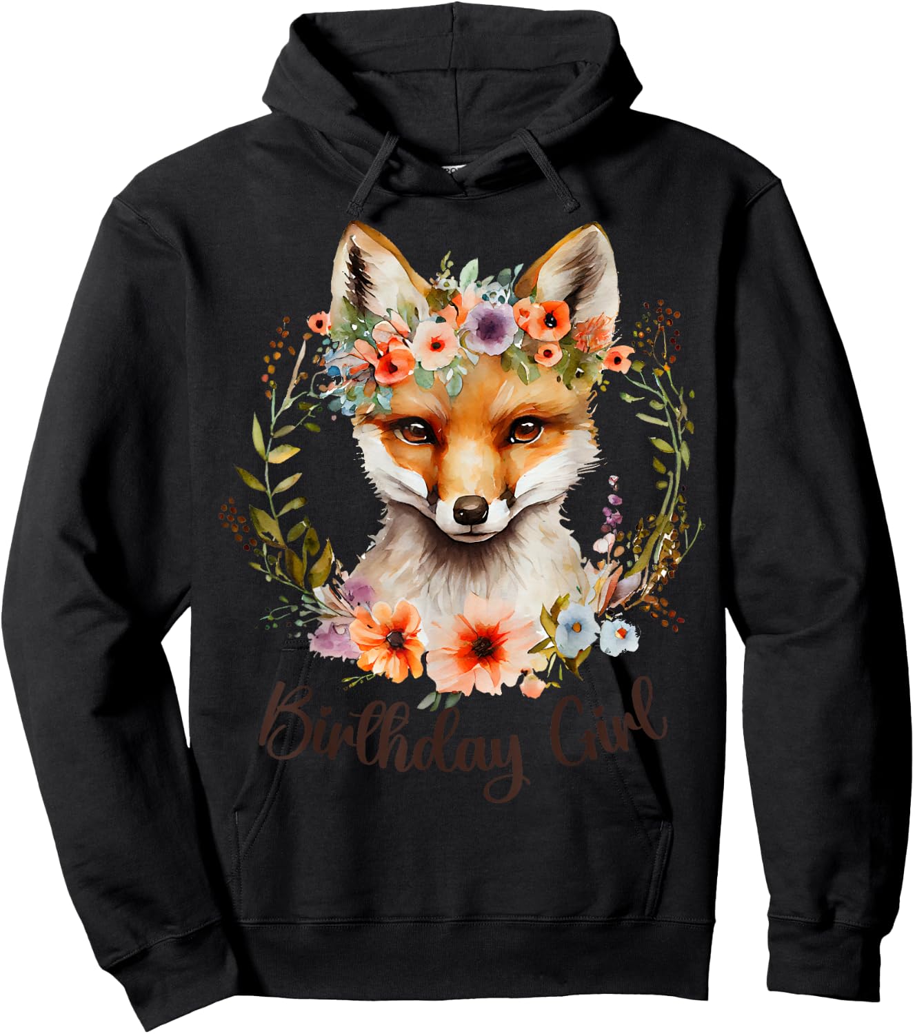 Cute Fox with flowers and words "Birthday Girl" Women Girls Hoodie - Hoodie | Black