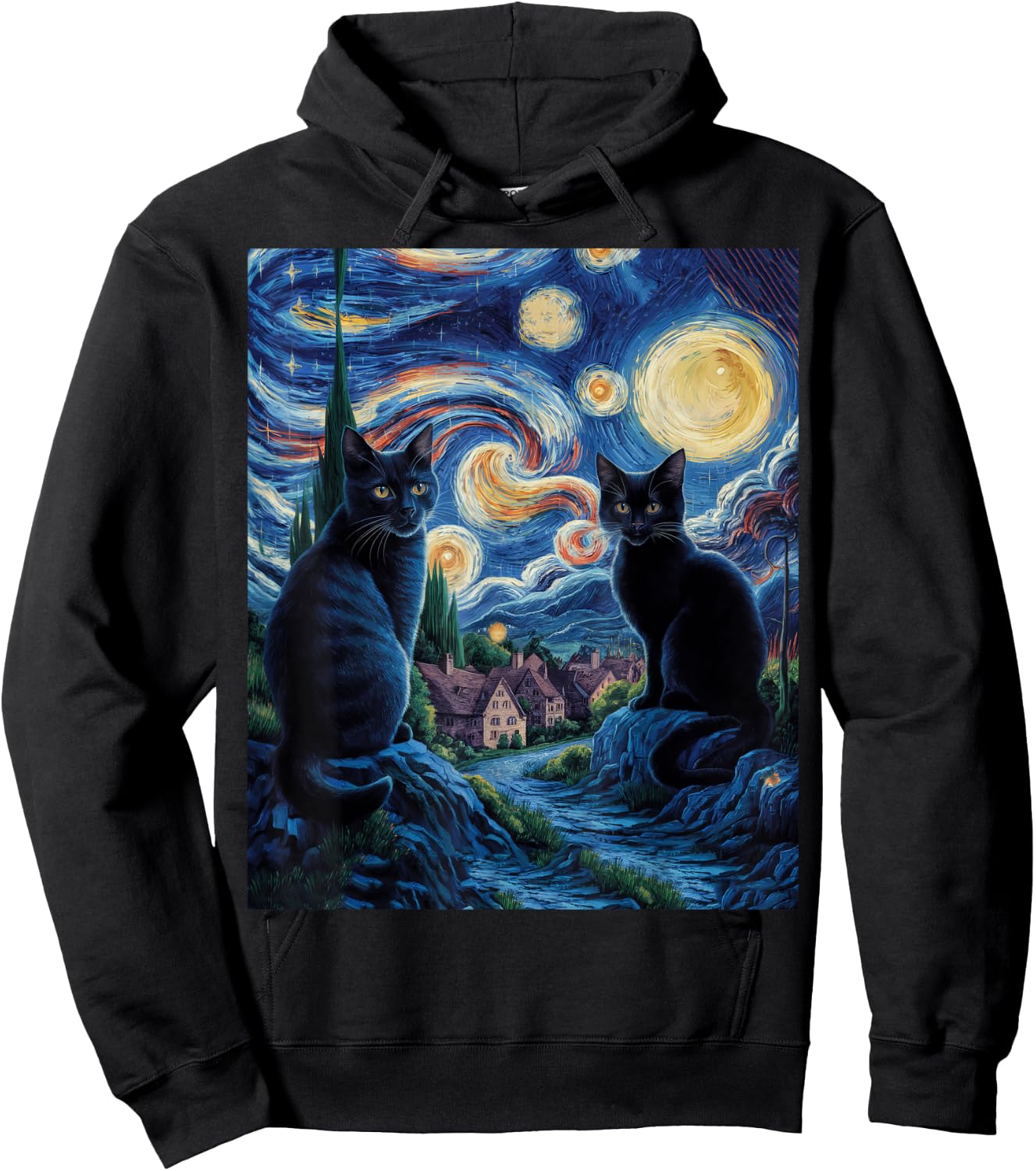 Cats Starry Night Van Gogh, For Cat Lover Cat Mom Cat Dad Hoodie - Hoodie | Black