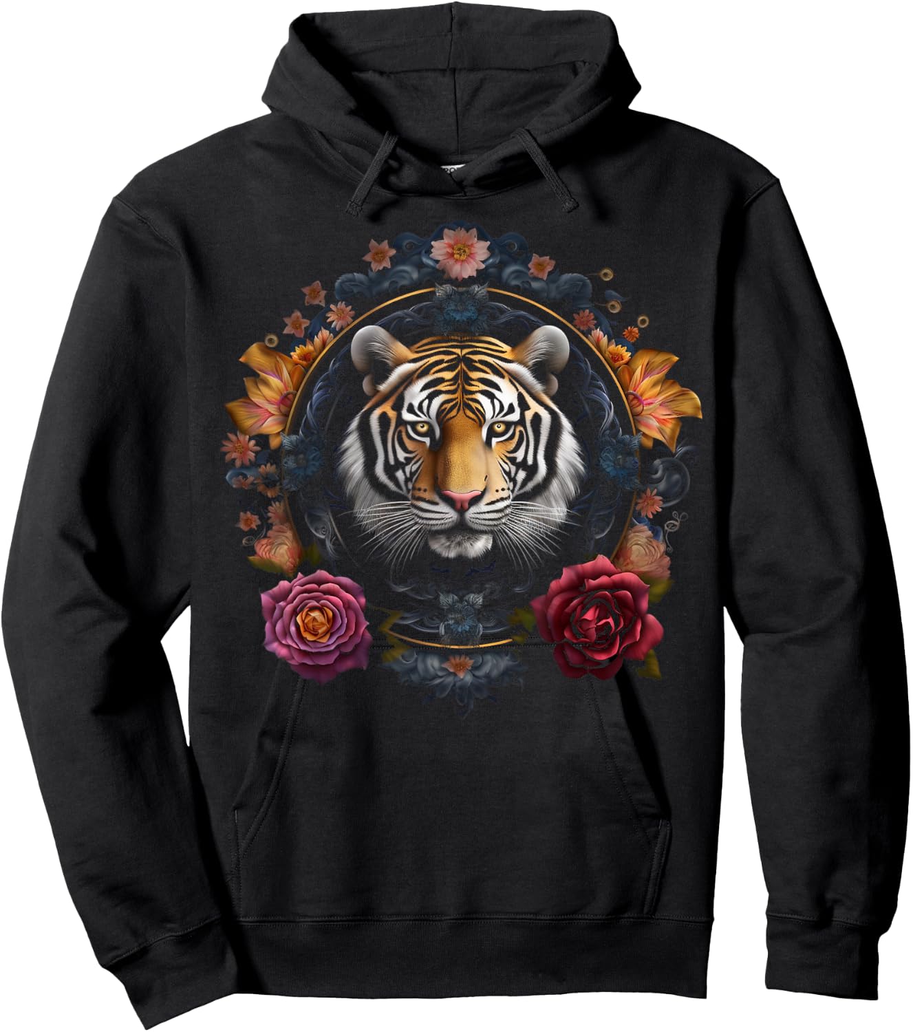 Tiger Artwork Flowers - Animal Art Tiger Hoodie - Hoodie | Black
