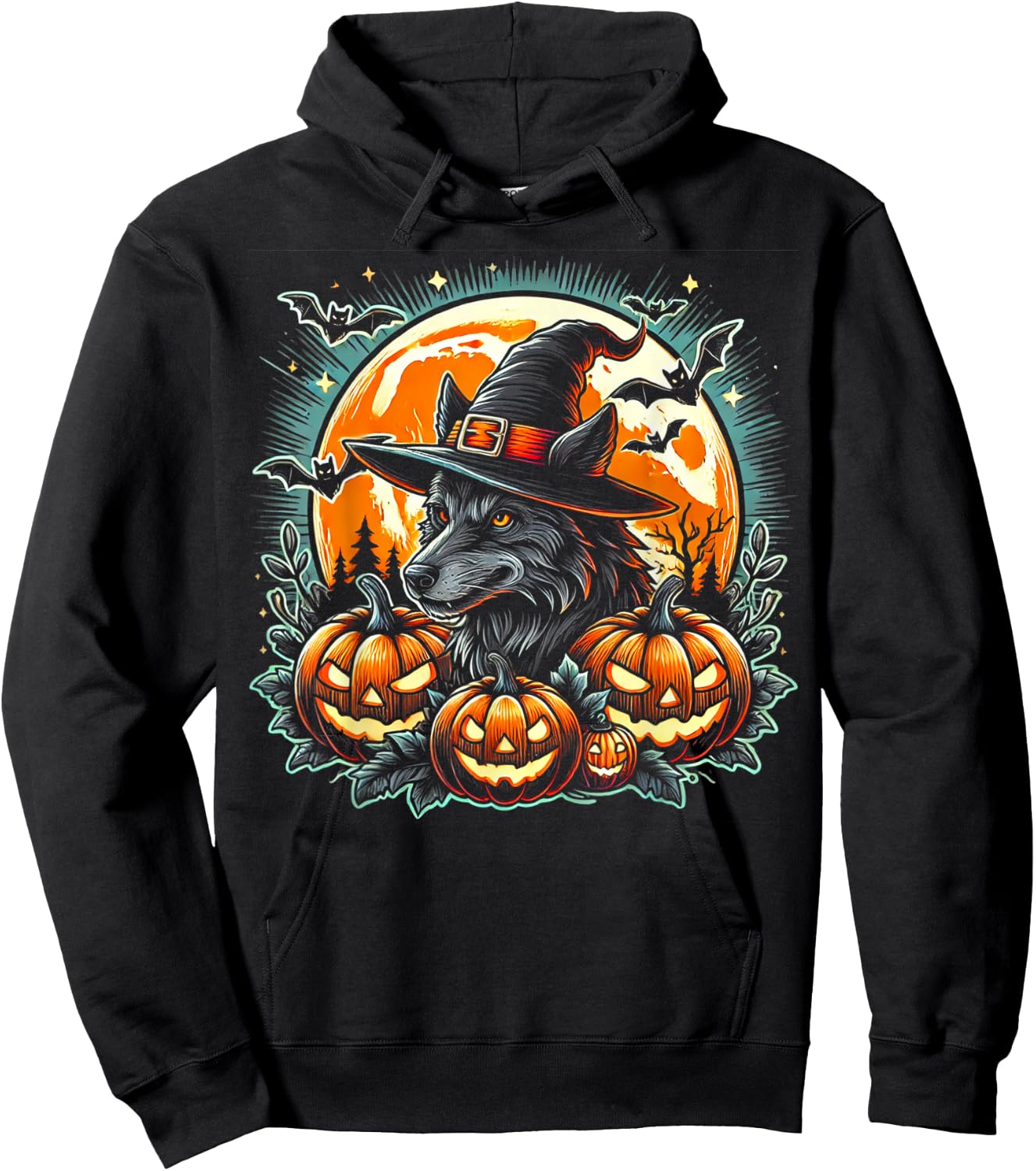 Wolf Witch Halloween - Spooky Pumpkin Art Hoodie - Hoodie | Black