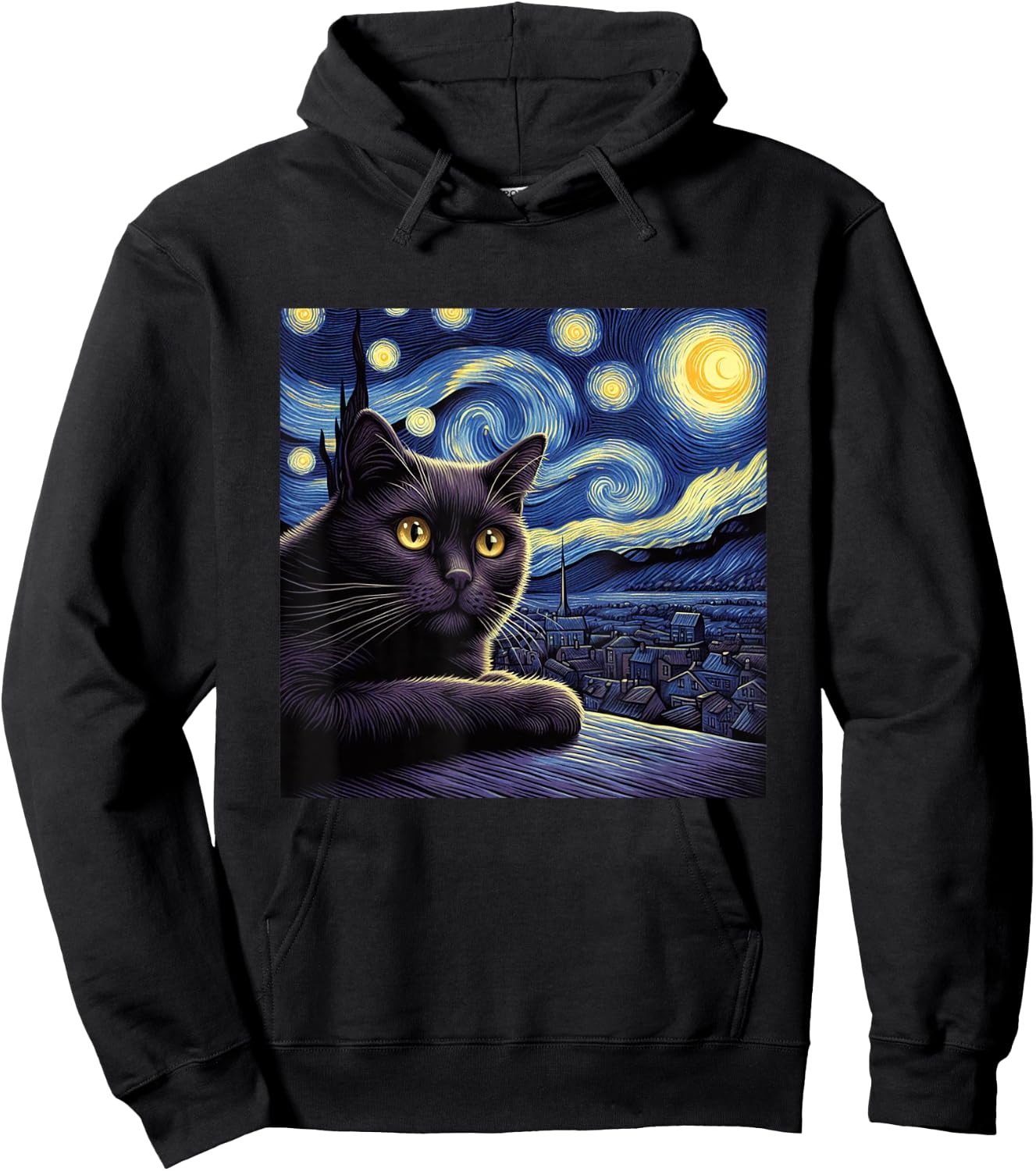 Starry Night Cat Design - Van Gogh Inspired Graphic Men Women Girls Kids Hoodie - Hoodie | Black