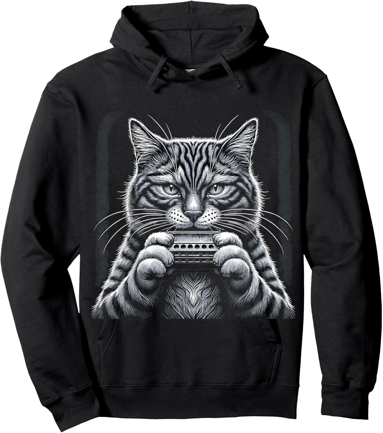 Cat Music Harmonica Player Country Folk Blues Whiskers Tabby Hoodie - Hoodie | Black