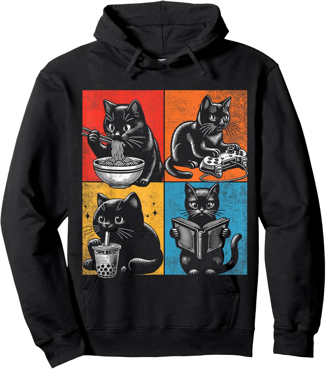 Funny Cat Ramen Boba Gaming And Reading Books Lover. Anime Hoodie - Hoodie | Black