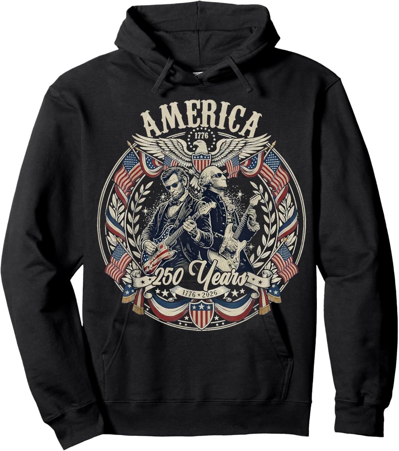 Patriotic George Washington Abe Lincoln Playing Guitar 250th Hoodie - Hoodie | Black