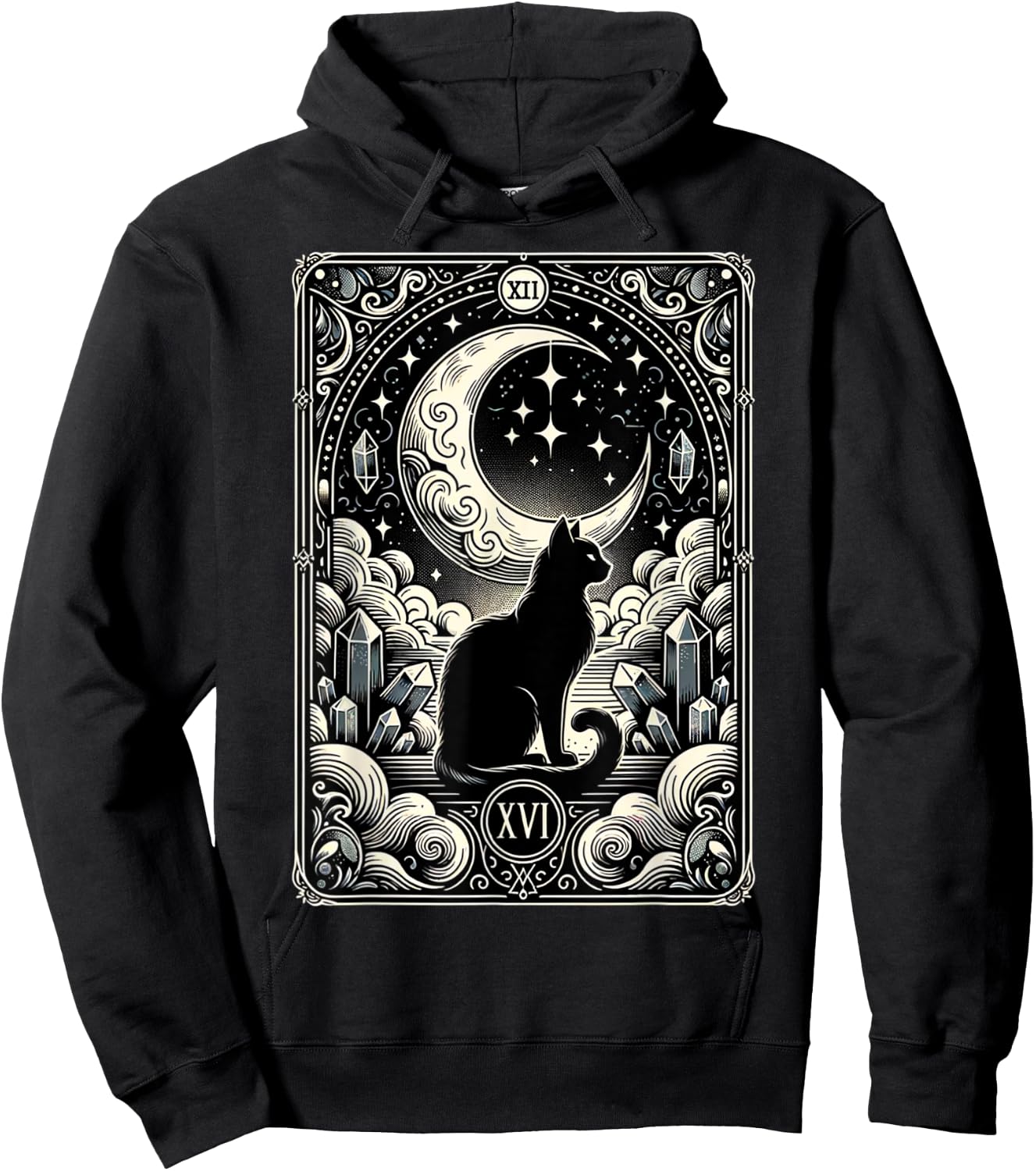 Magical Tarot Card Black Cat and Crescent Moon Vintage Cat Hoodie - Hoodie | Black