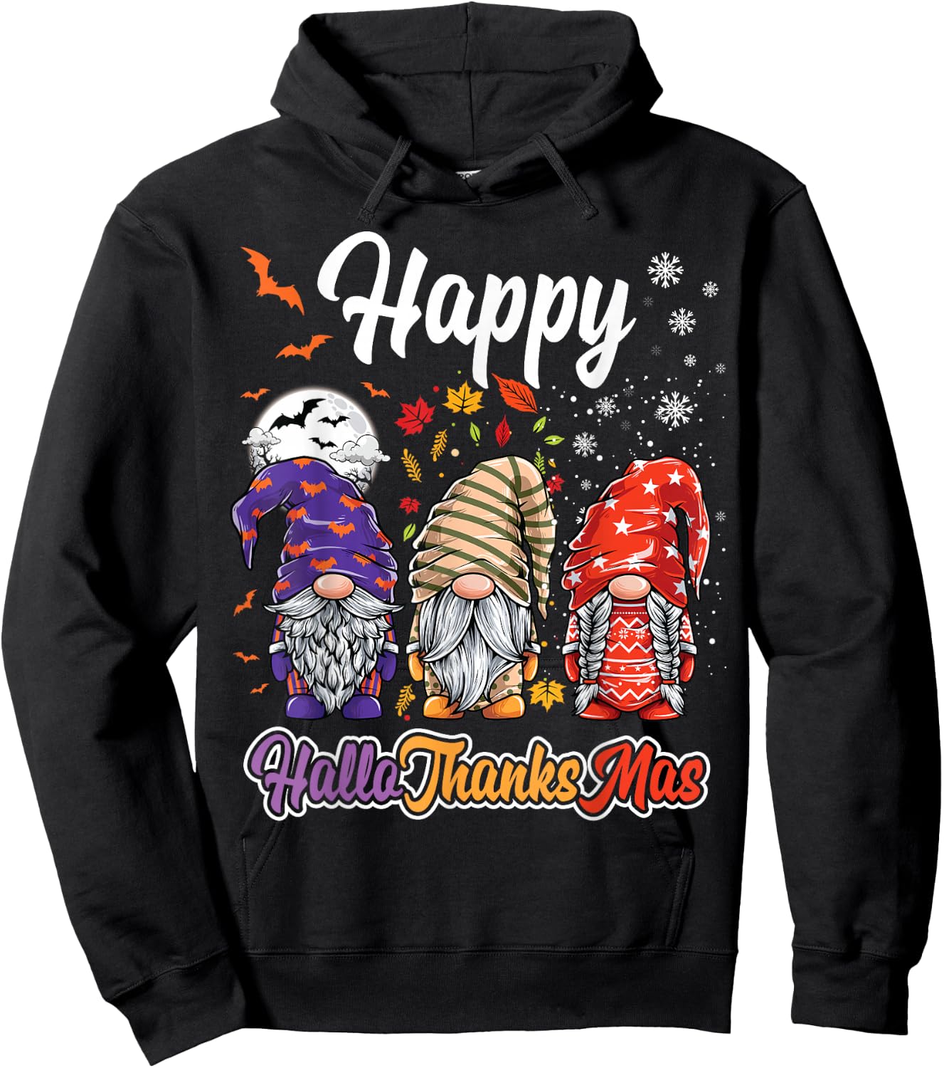 Happy Hallothanksmas Gnomes Halloween Thanksgiving Christmas Hoodie - Hoodie | Black