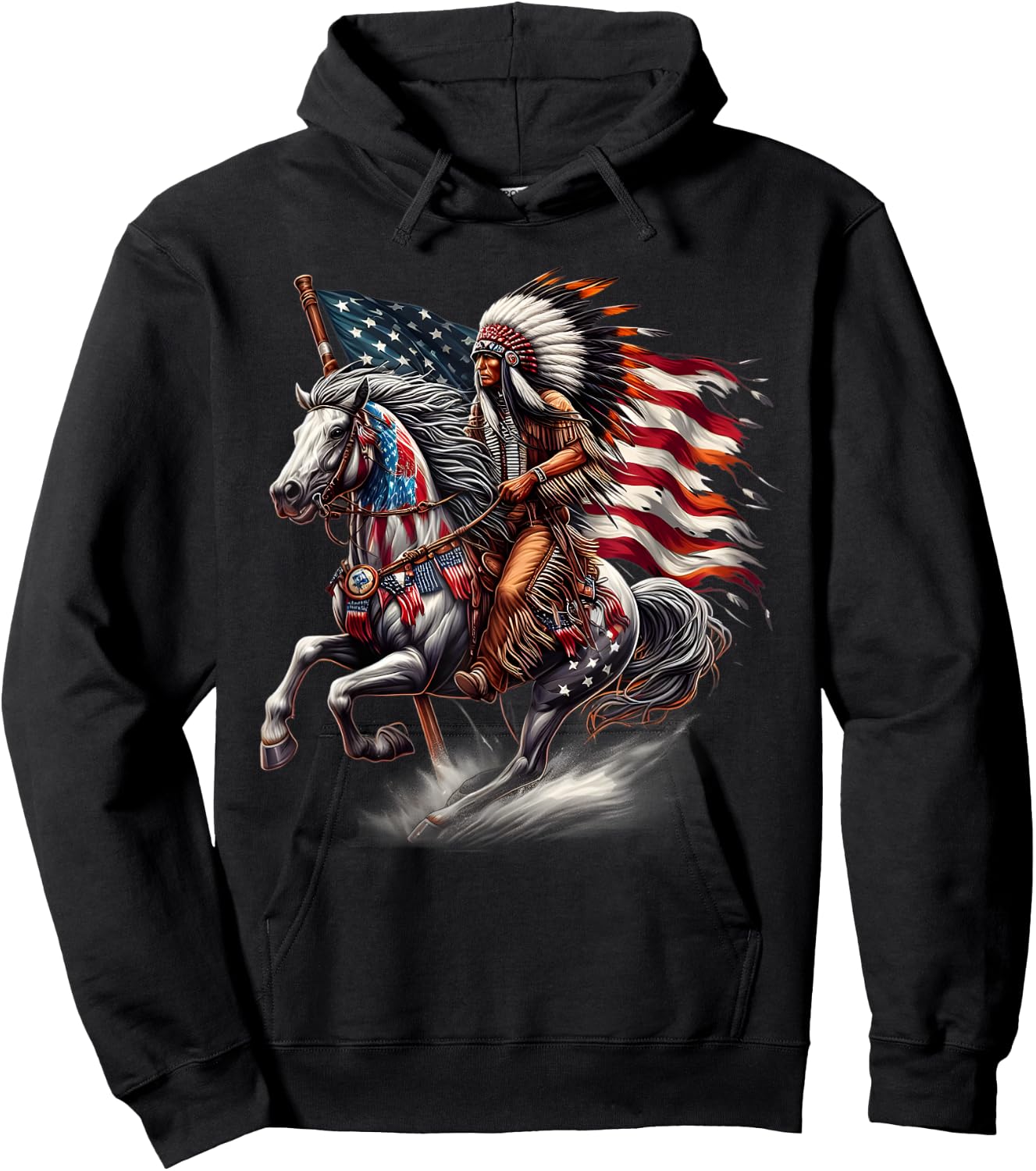 Native American Day Flag Indian Riding Horse 4th of July Hoodie - Hoodie | Black