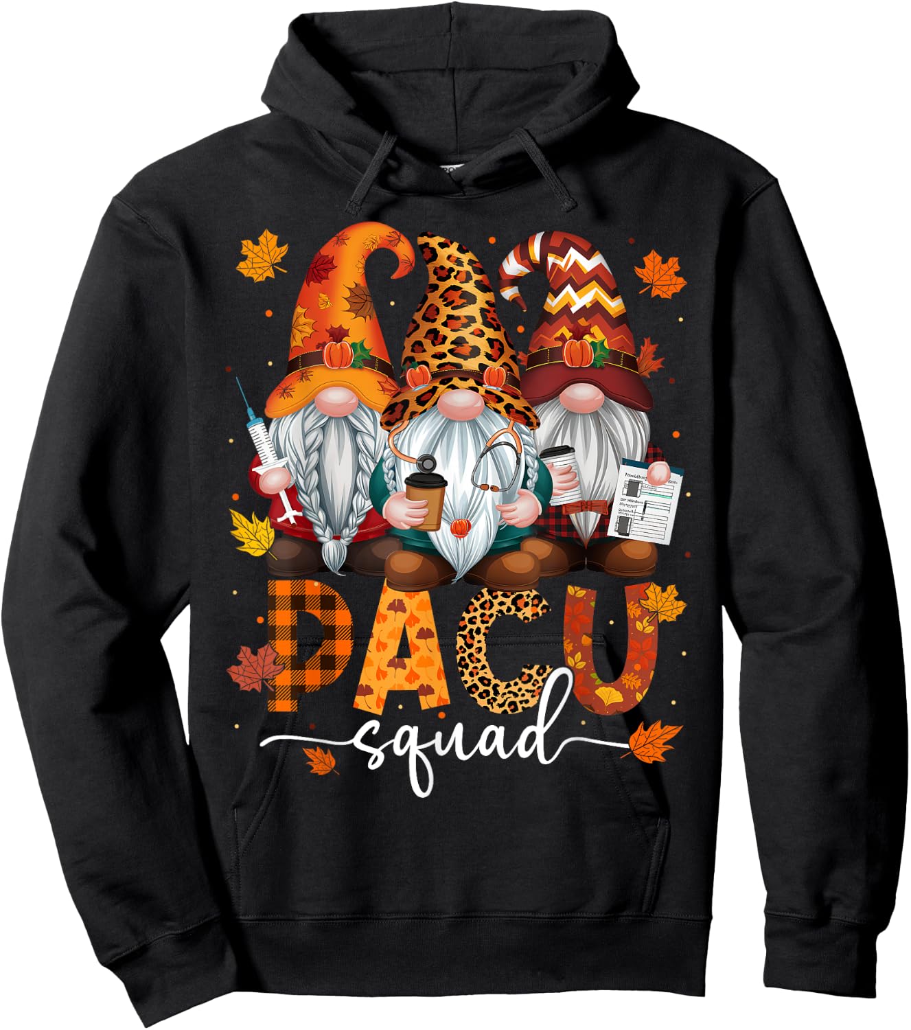 PACU Squad Gnome Nurse Leopard Thanksgiving Stethoscope Hoodie - Hoodie | Black