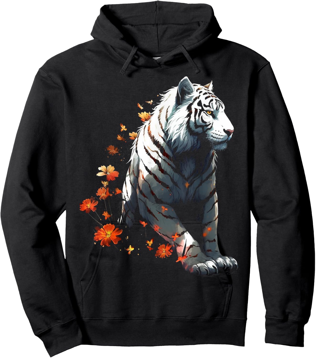 Tiger in White - Flowers Artwork - Animal Art Tiger Hoodie - Hoodie | Black