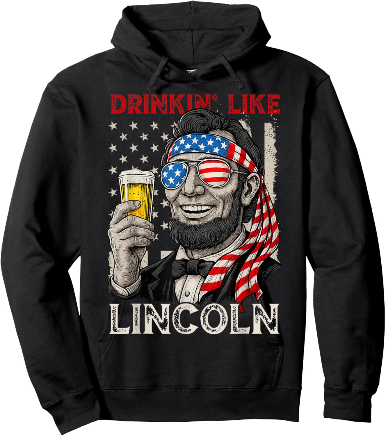 Drinking Like Lincoln Funny 4th of July America Flag Retro Hoodie - Hoodie | Black