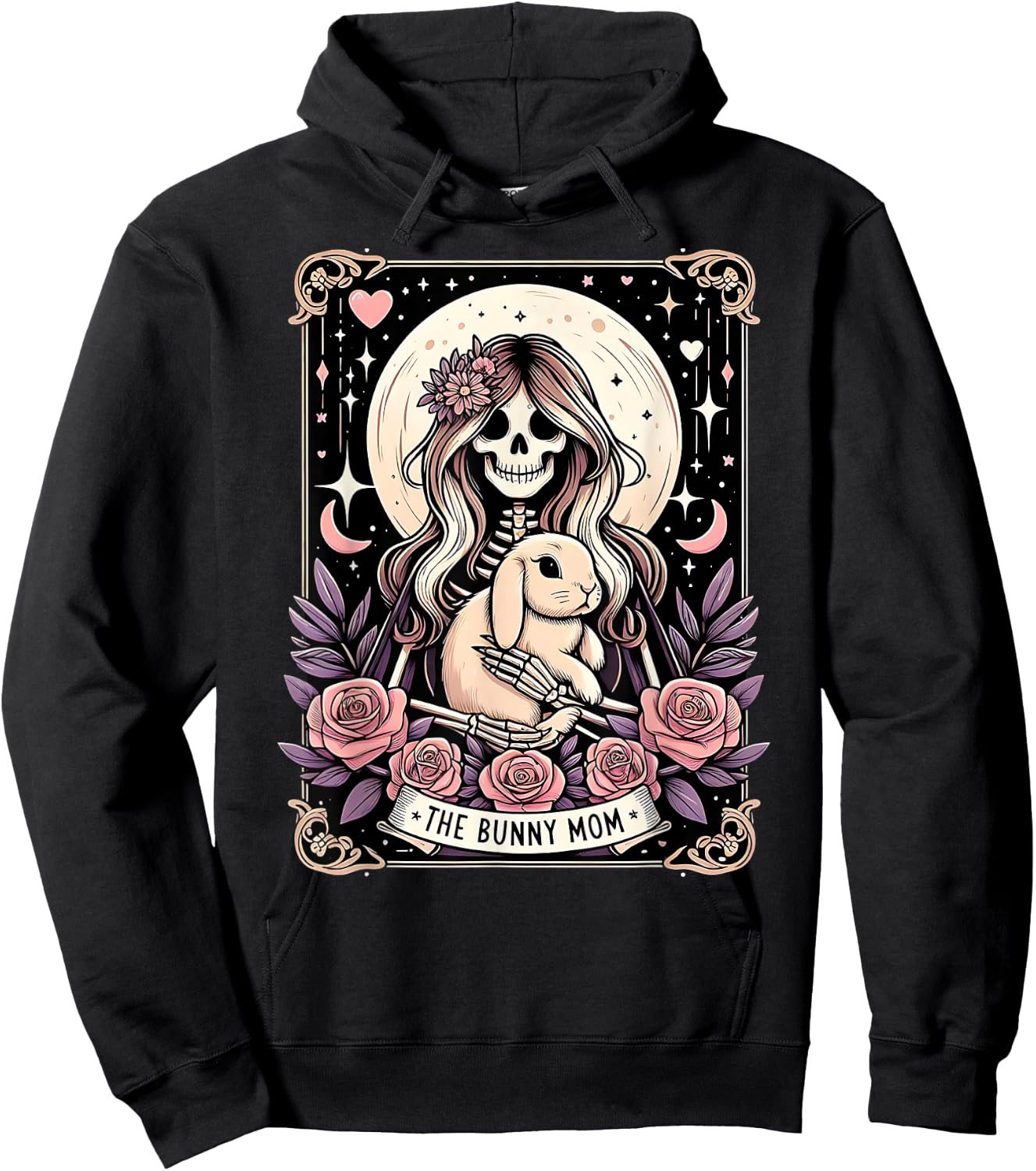 Cute Bunny Mom Tarot Card Skeleton Moon with Stars Women Hoodie - Hoodie | Black