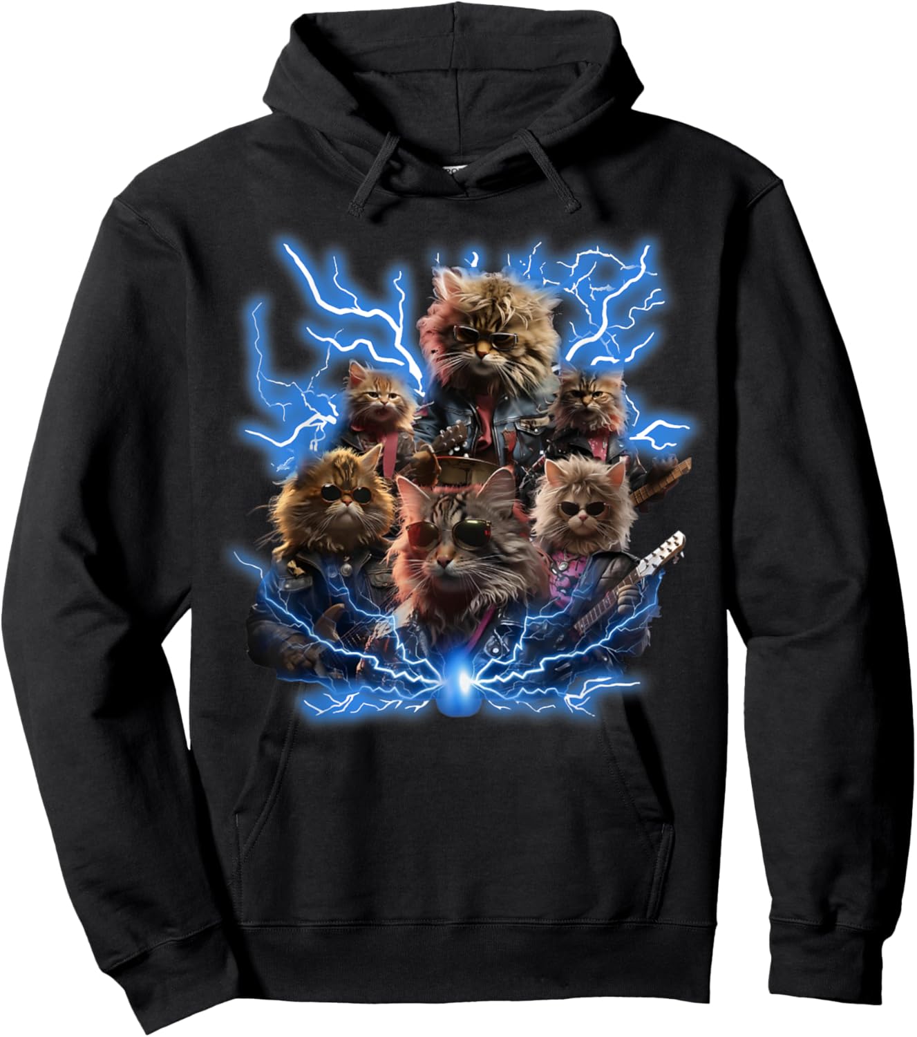 Cats Playing Guitar Retro Rock Music Band Women Kid Hoodie - Hoodie | Black