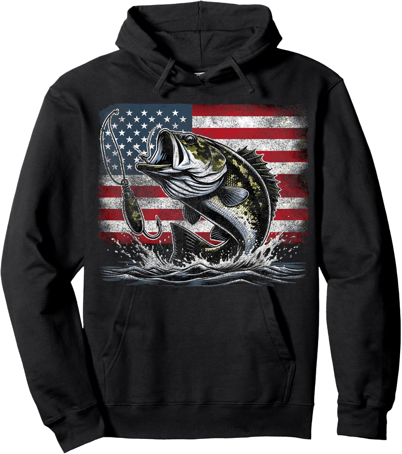 Fishing Retro American Flag Bass Fish Fisherman Camo Hoodie - Hoodie | Black