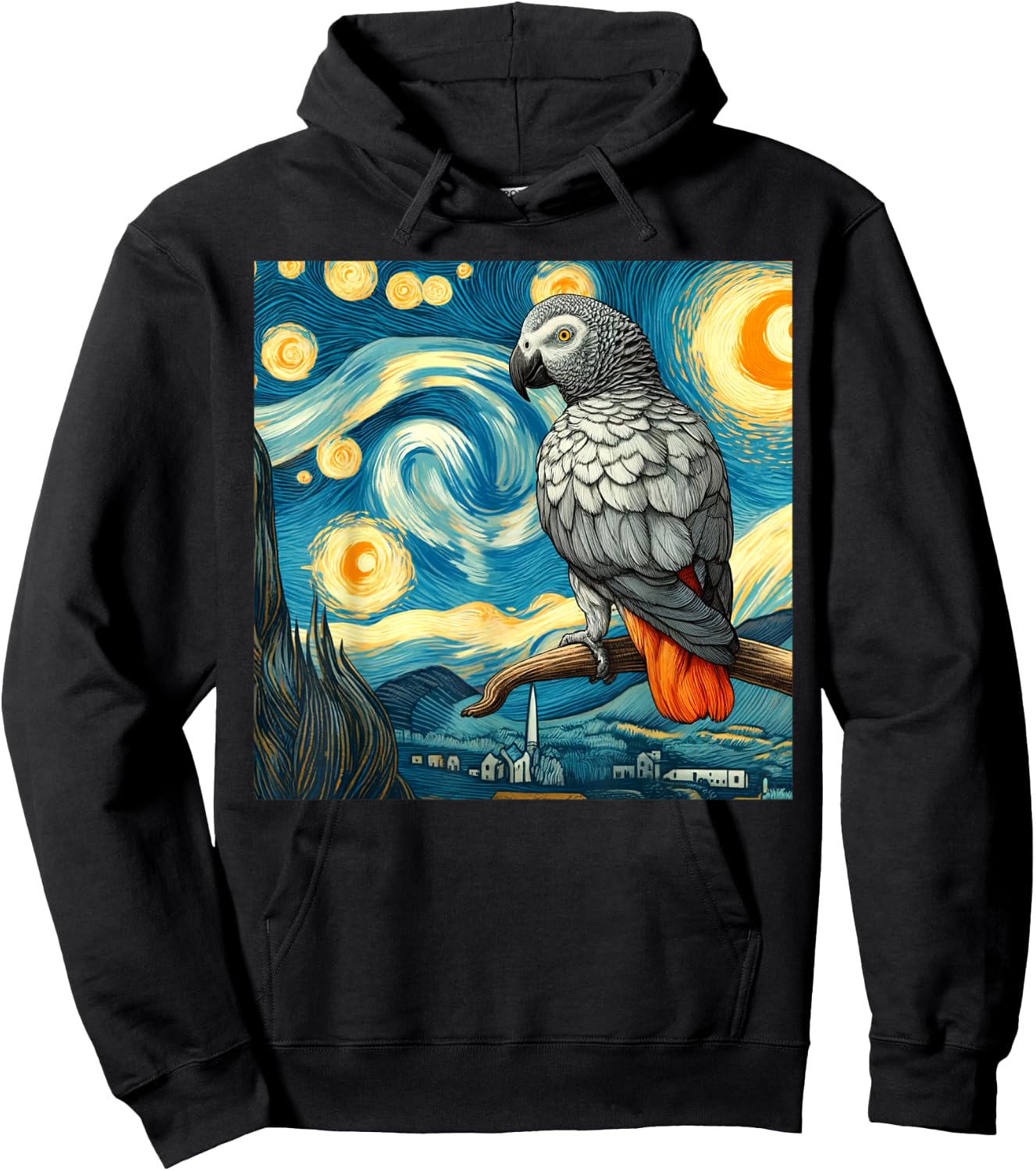 African Grey Parrot Owner Bird Lover Starry Night Van Gogh Hoodie - Hoodie | Black