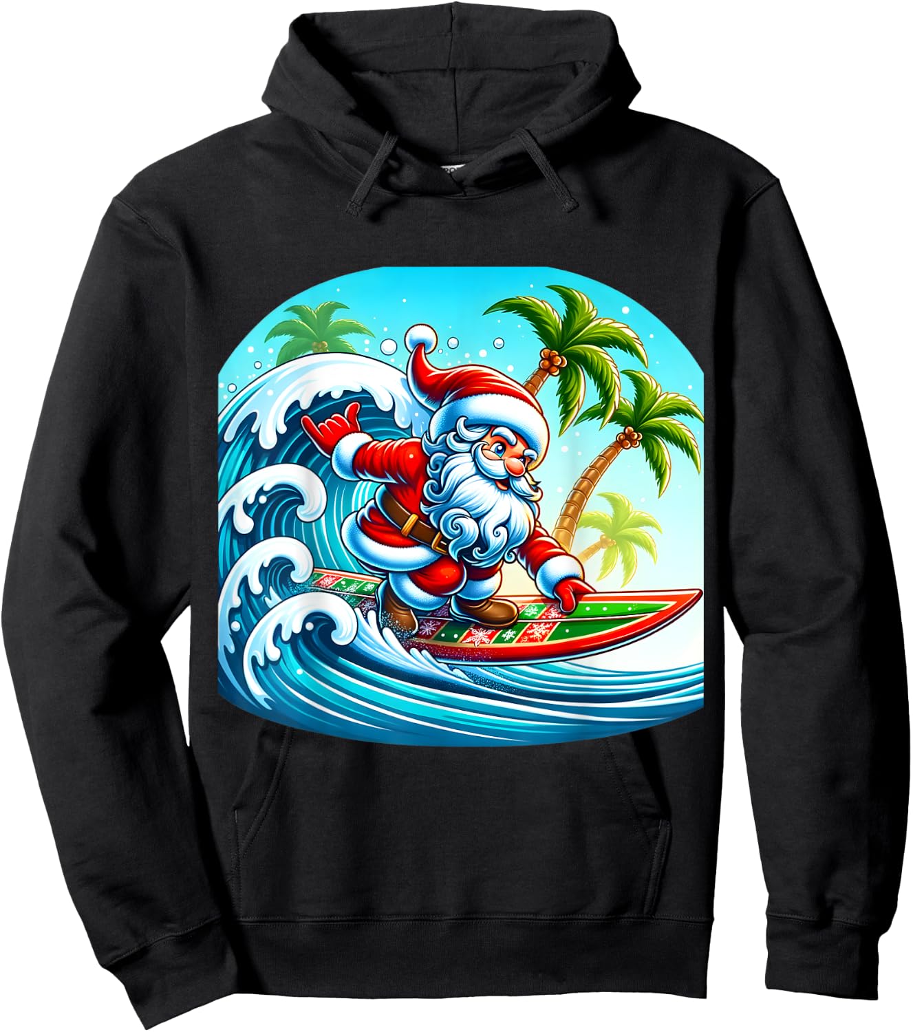 Christmas Surfing Santa Beach Surfboard Palms Women Kids Hoodie - Hoodie | Black