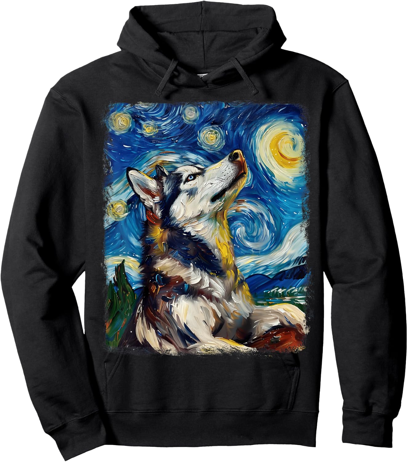 Siberian Husky Dog Starry Night Painting Hoodie - Hoodie | Black