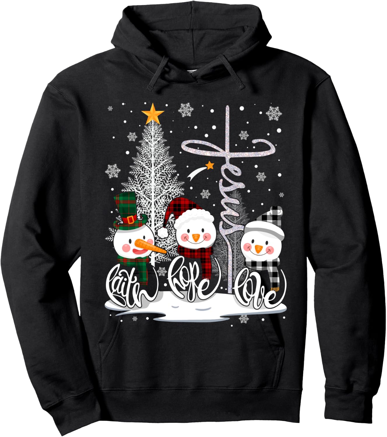 Faith Hope Love Snowman Jesus Christian Tree Christmas Hoodie - Hoodie | Black