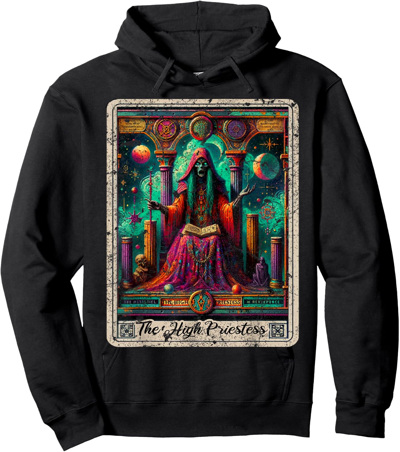 The High Priestess Vintage Tarot Card Graphic Print Hoodie - Hoodie | Black