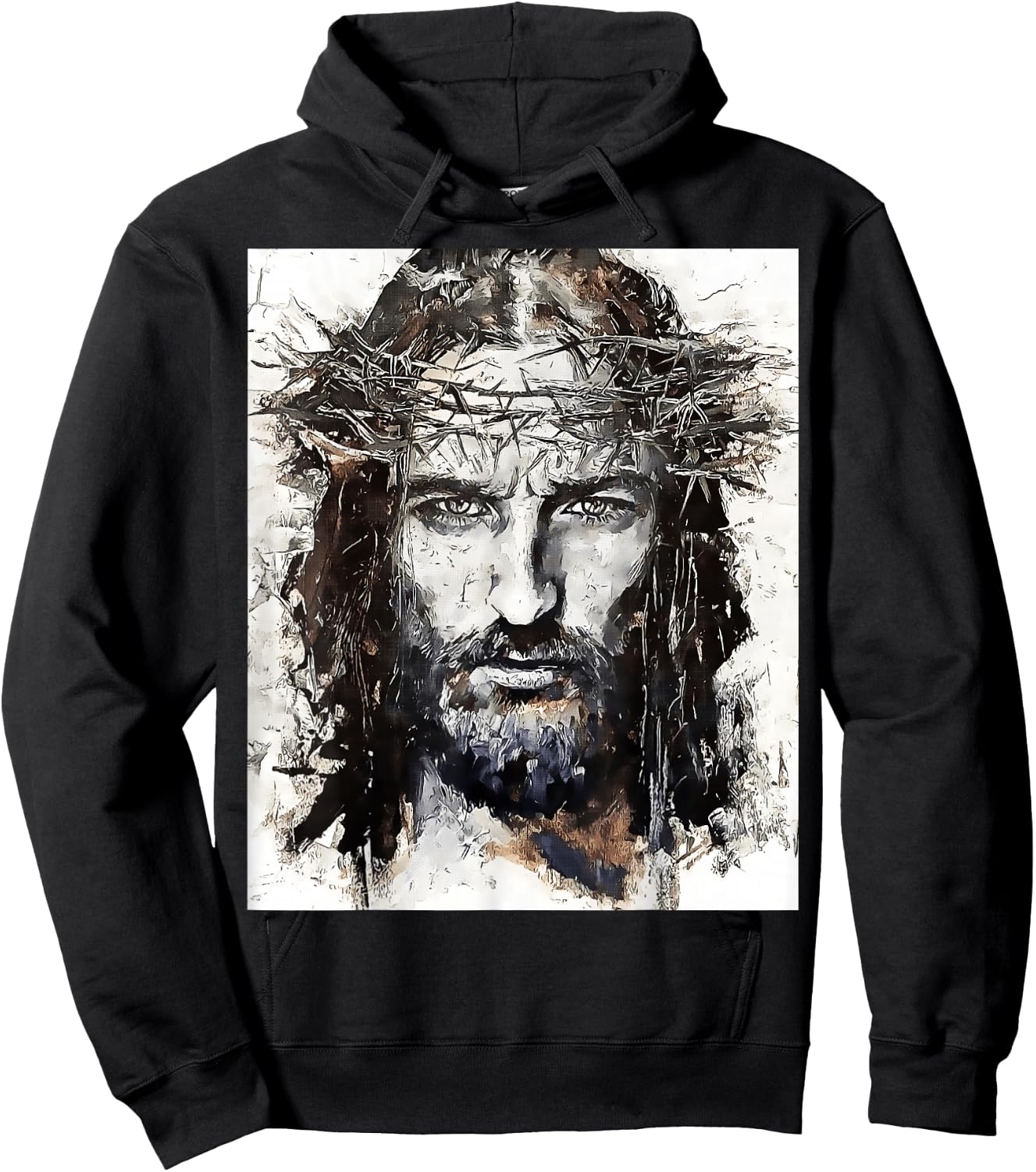 Vintage Art Face Of Jesus On A Cross With Crown Of Thorns Hoodie - Hoodie | Black