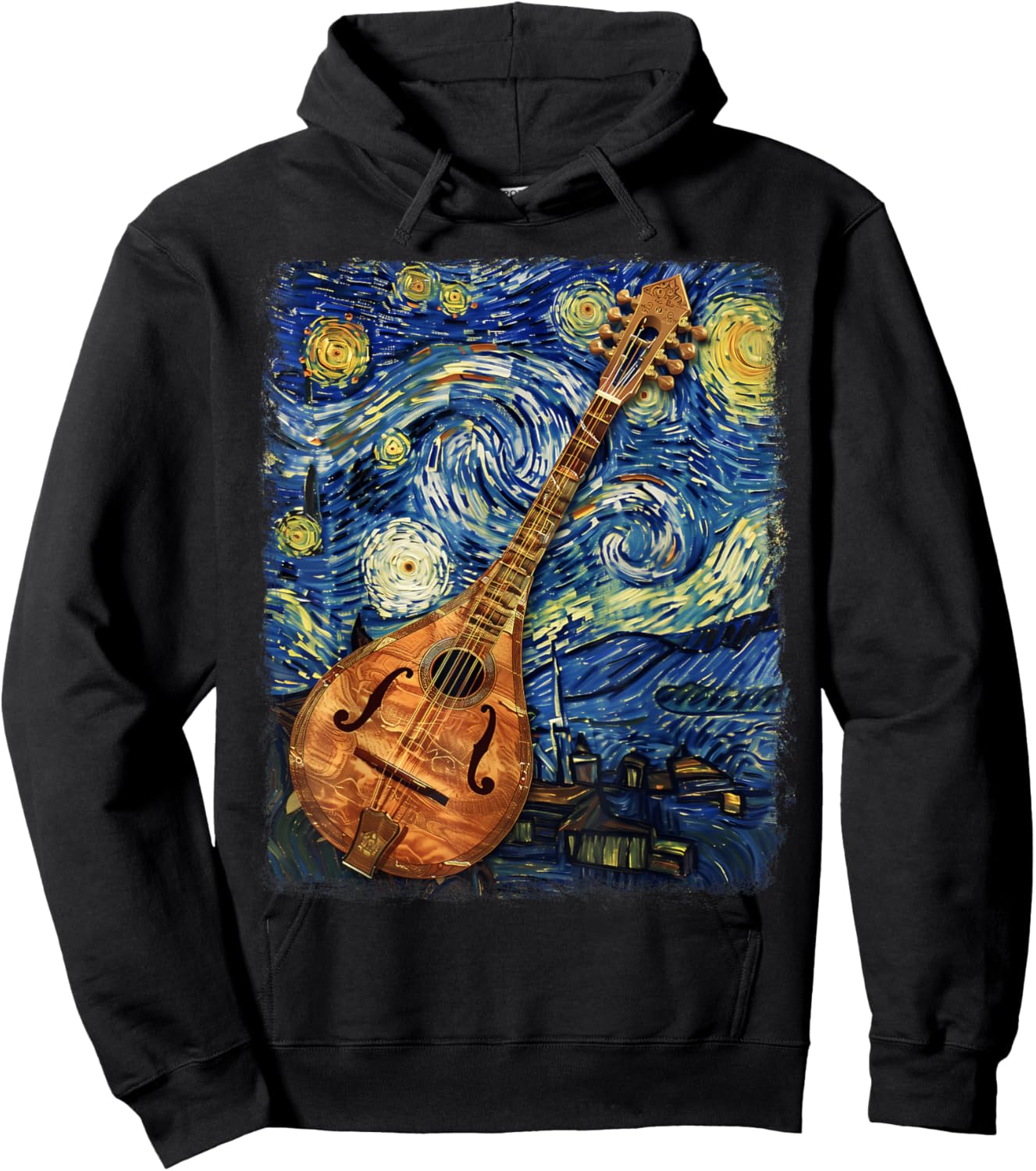 Mandolin Mandolinist Instrument Starry Night Painting Hoodie - Hoodie | Black